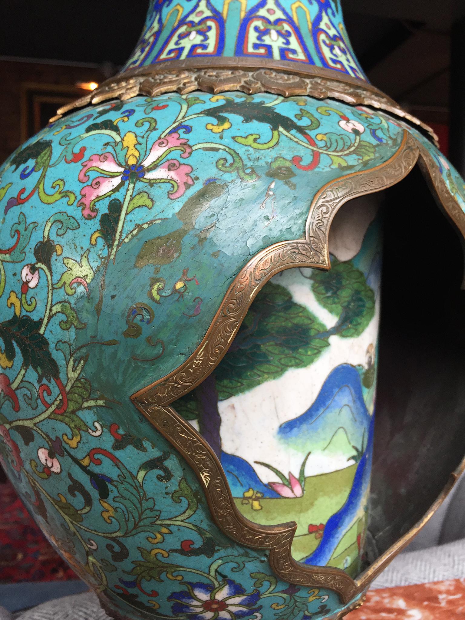 Brass Antique Chinese Cloisonné Vase Table Lamp
