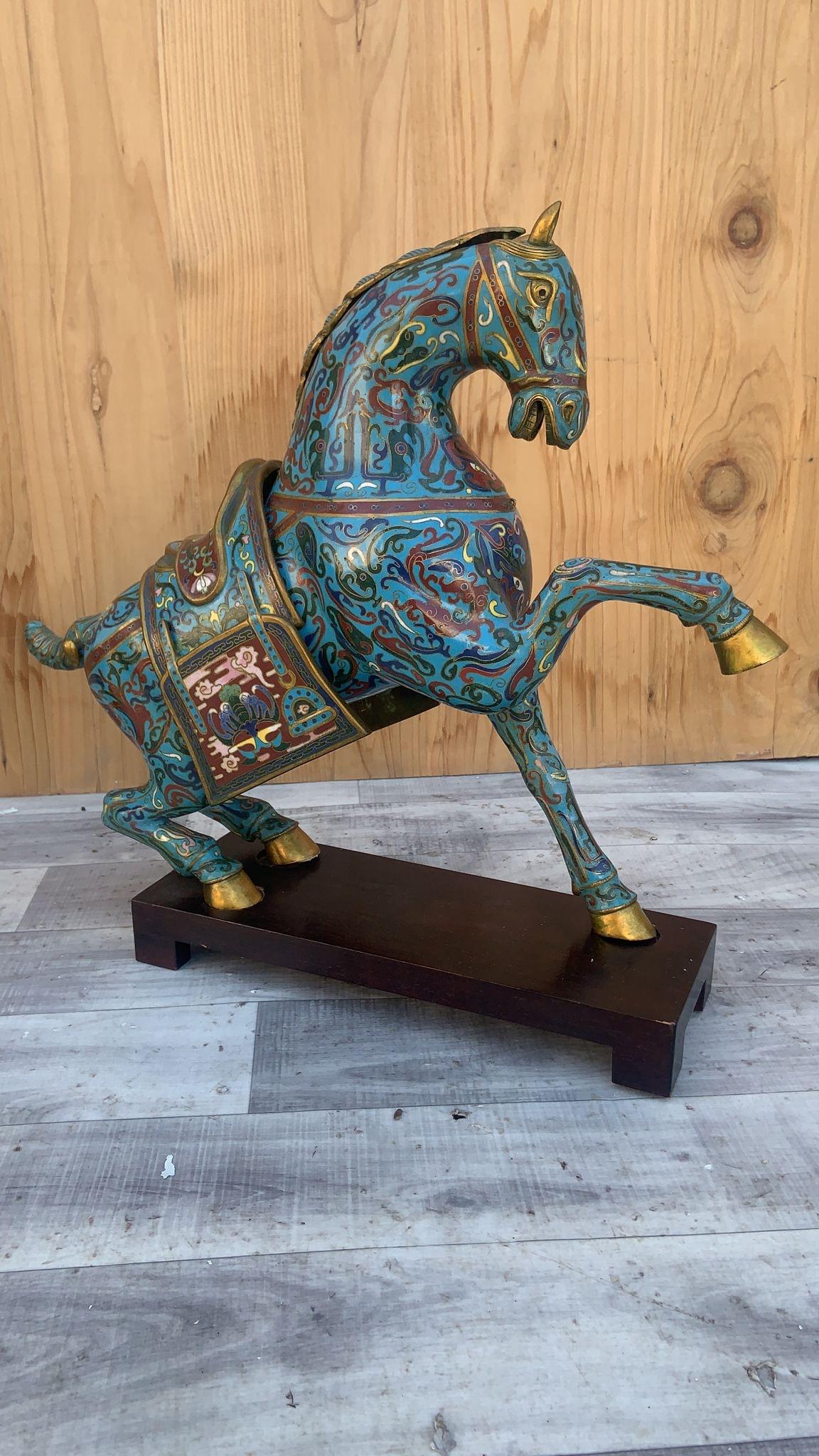 Vintage Chinese Cloisonné War Horse Sculptures on Mahogany Base - Pair For Sale 7