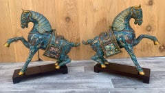 Vintage Chinese Cloisonné War Horse Sculptures on Mahogany Base - Pair