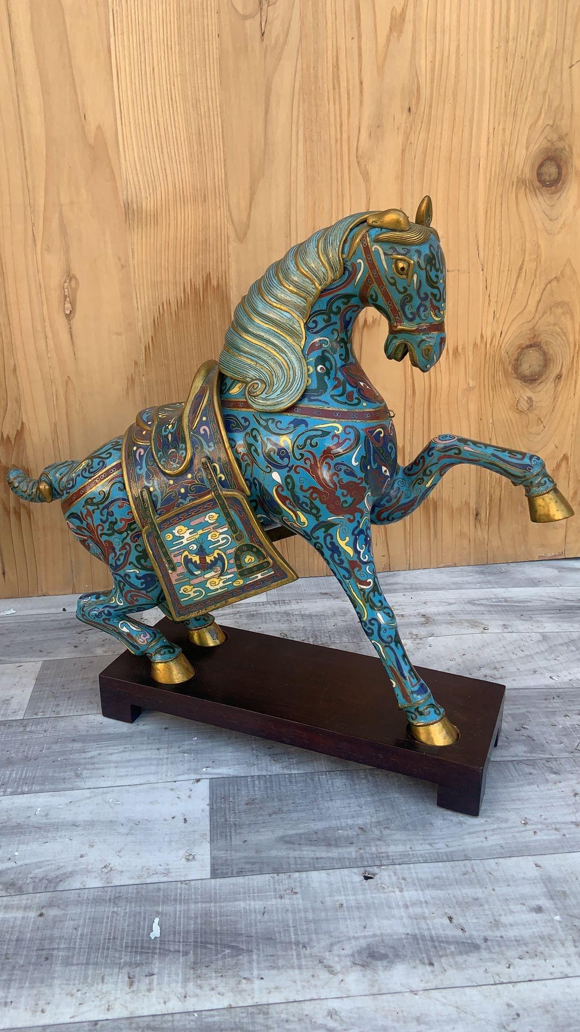 Chinese Export Vintage Chinese Cloisonné War Horse Sculptures on Mahogany Base - Pair For Sale