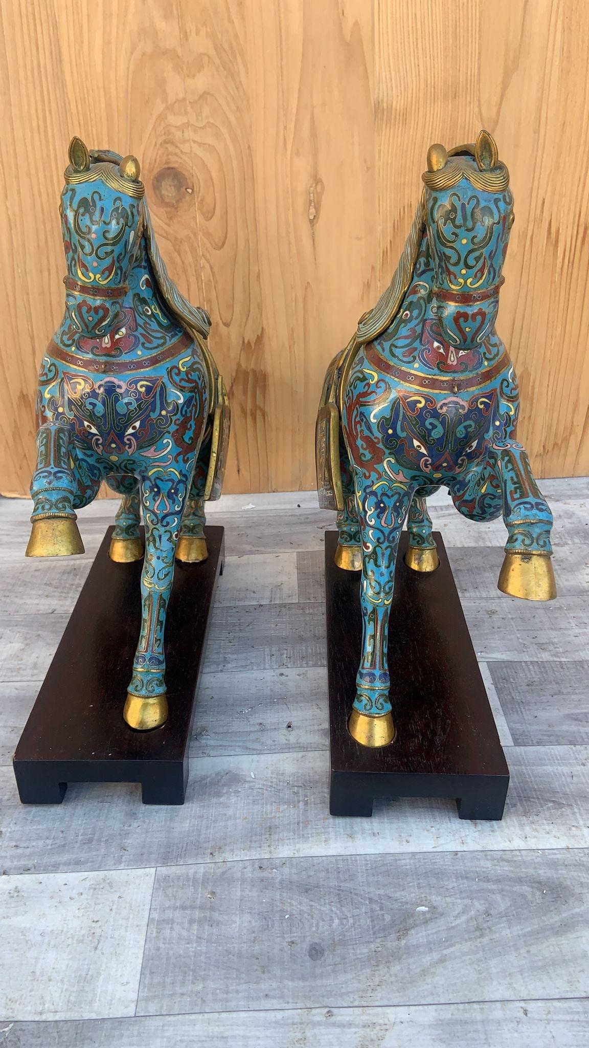 Hand-Crafted Vintage Chinese Cloisonné War Horse Sculptures on Mahogany Base - Pair For Sale
