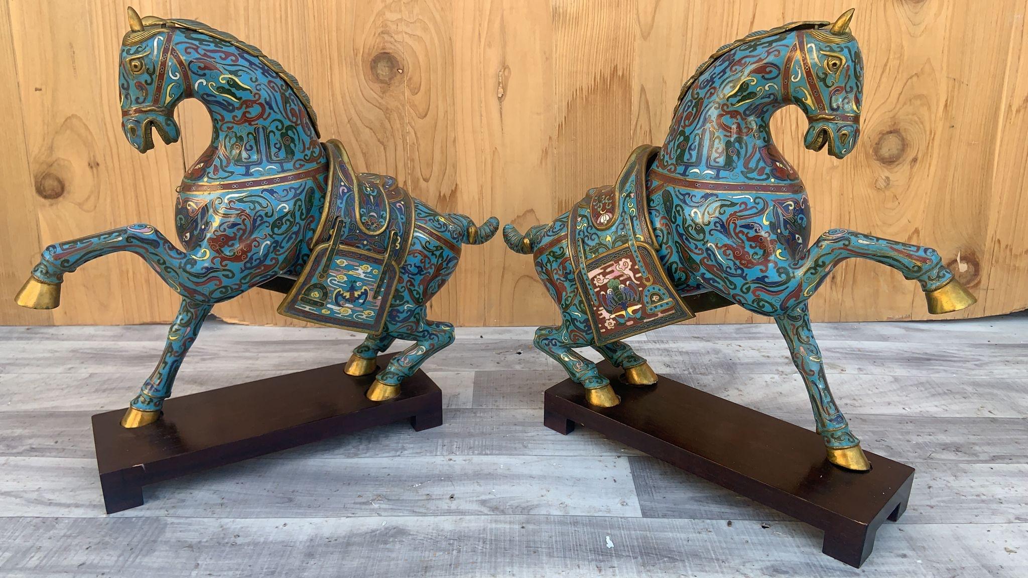 Brass Vintage Chinese Cloisonné War Horse Sculptures on Mahogany Base - Pair For Sale