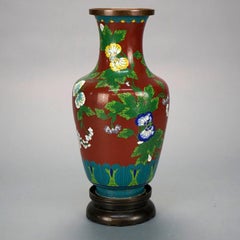 Antique Chinese Cloissone Enameled Vase with Bronze Base, Garden Scene, c1900
