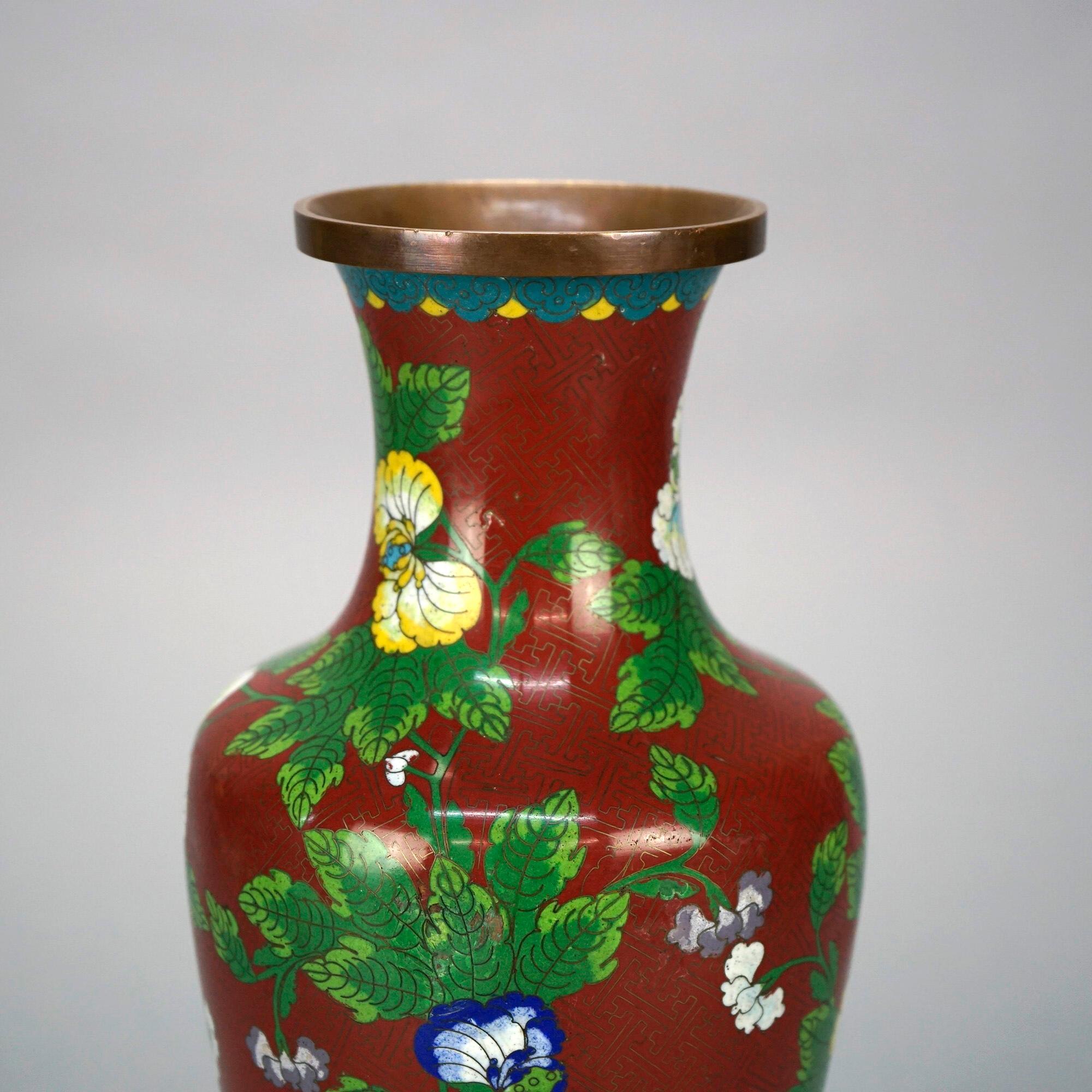Cloissoné Antique Chinese Cloissone Enameled Vase with Bronze Base, Garden Themed, c1900 For Sale