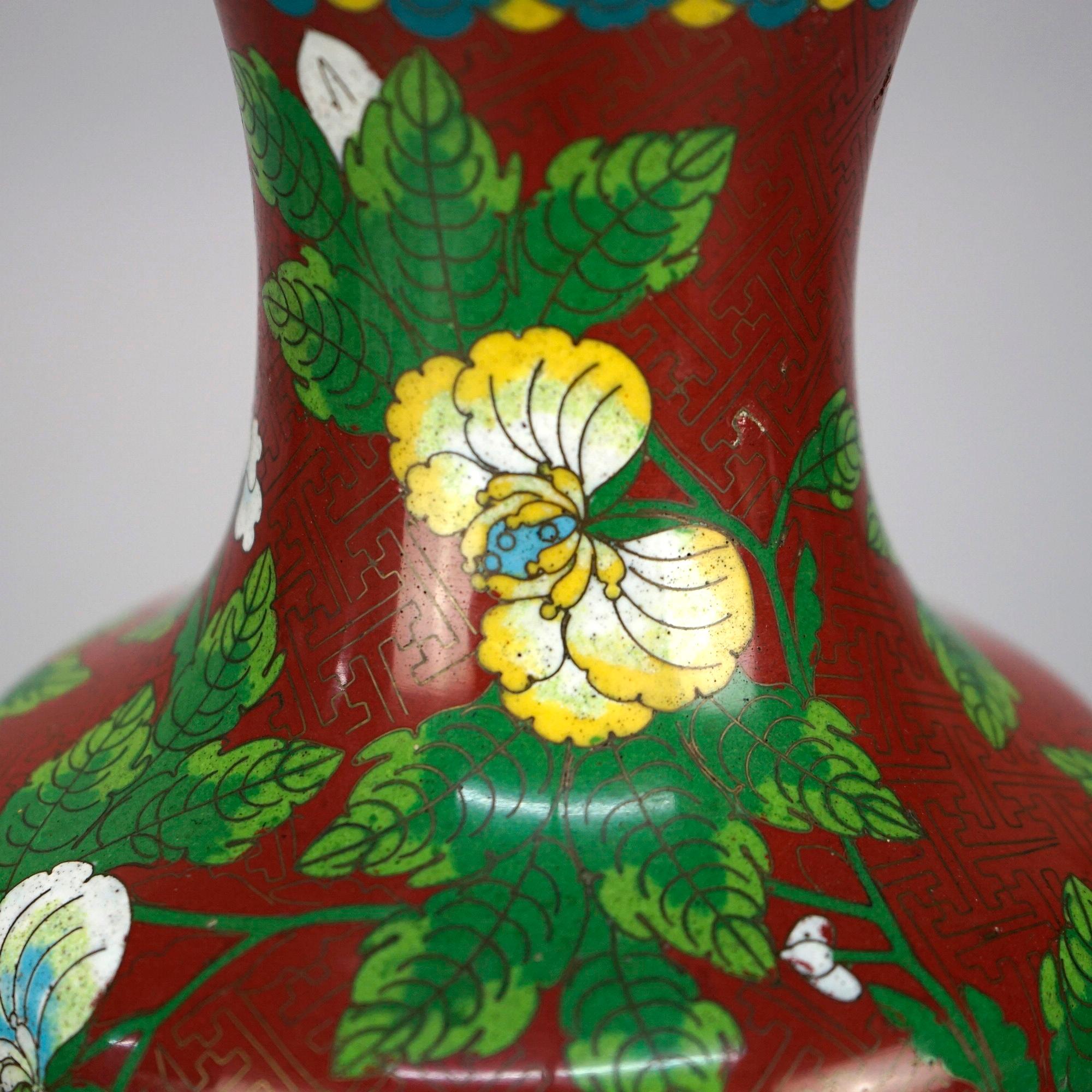 Antique Chinese Cloissone Enameled Vase with Bronze Base, Garden Themed, c1900 In Good Condition For Sale In Big Flats, NY