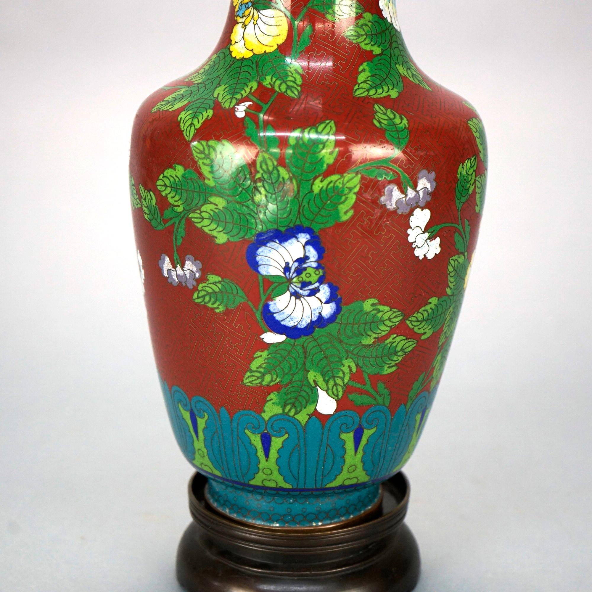 20th Century Antique Chinese Cloissone Enameled Vase with Bronze Base, Garden Themed, c1900 For Sale