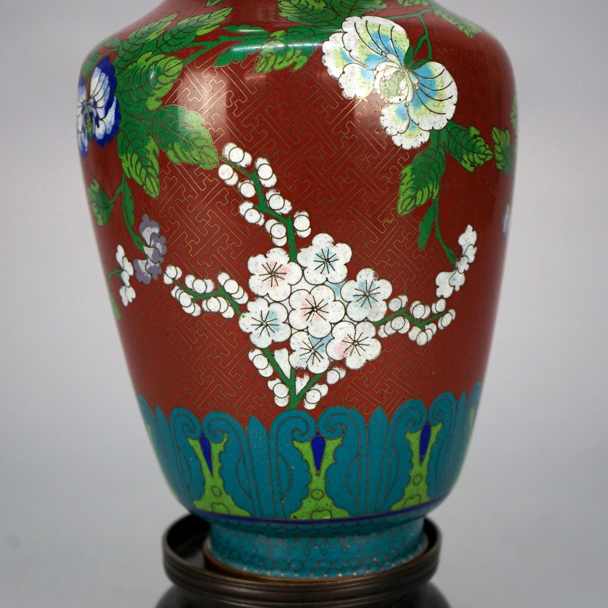 Antique Chinese Cloissone Enameled Vase with Bronze Base, Garden Themed, c1900 For Sale 1