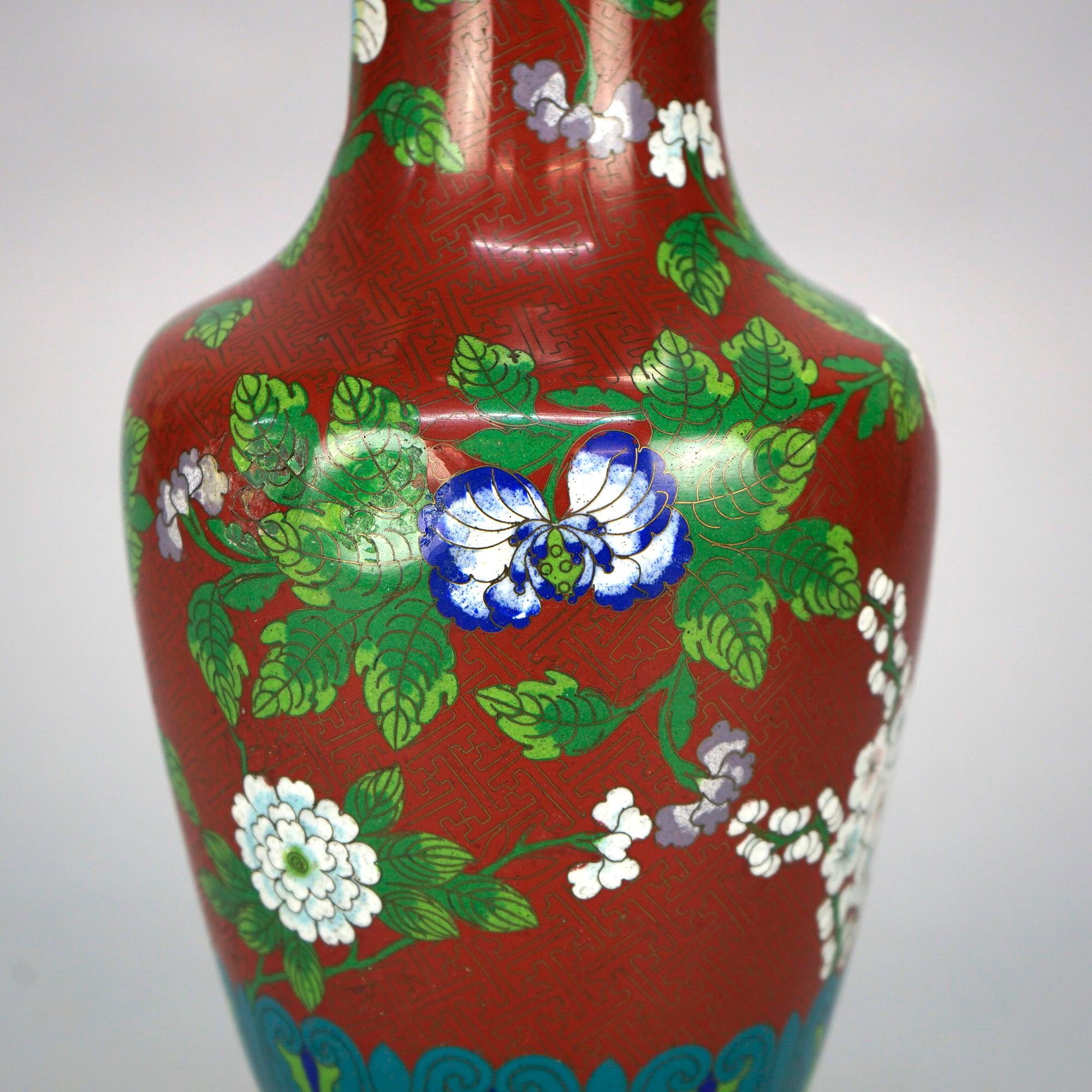 Antique Chinese Cloissone Enameled Vase with Bronze Base, Garden Themed, c1900 For Sale 2