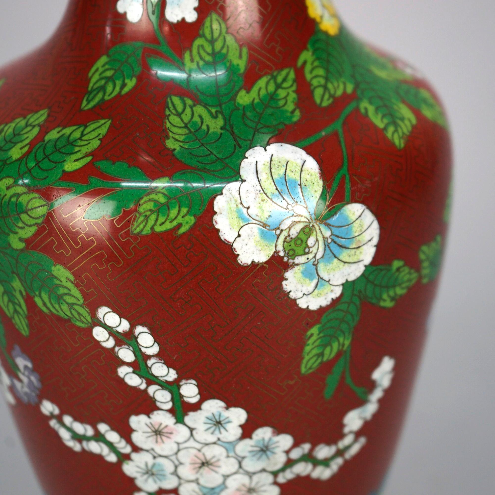 Antique Chinese Cloissone Enameled Vase with Bronze Base, Garden Themed, c1900 For Sale 3
