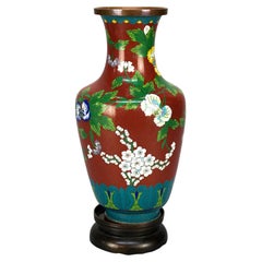 Antique Chinese Cloissone Enameled Vase with Bronze Base, Garden Themed, c1900