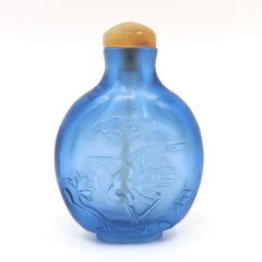 Antique Chinese Aqua Cobalt Blue Carved Glass Snuff Bottle Cranes 19c Qing