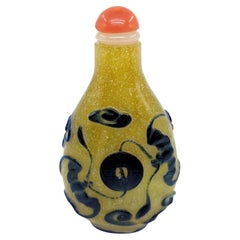 Antique Chinese Color Glass Overlay Snuff Bottle Bats Yellow Snowstorm Qing 19c