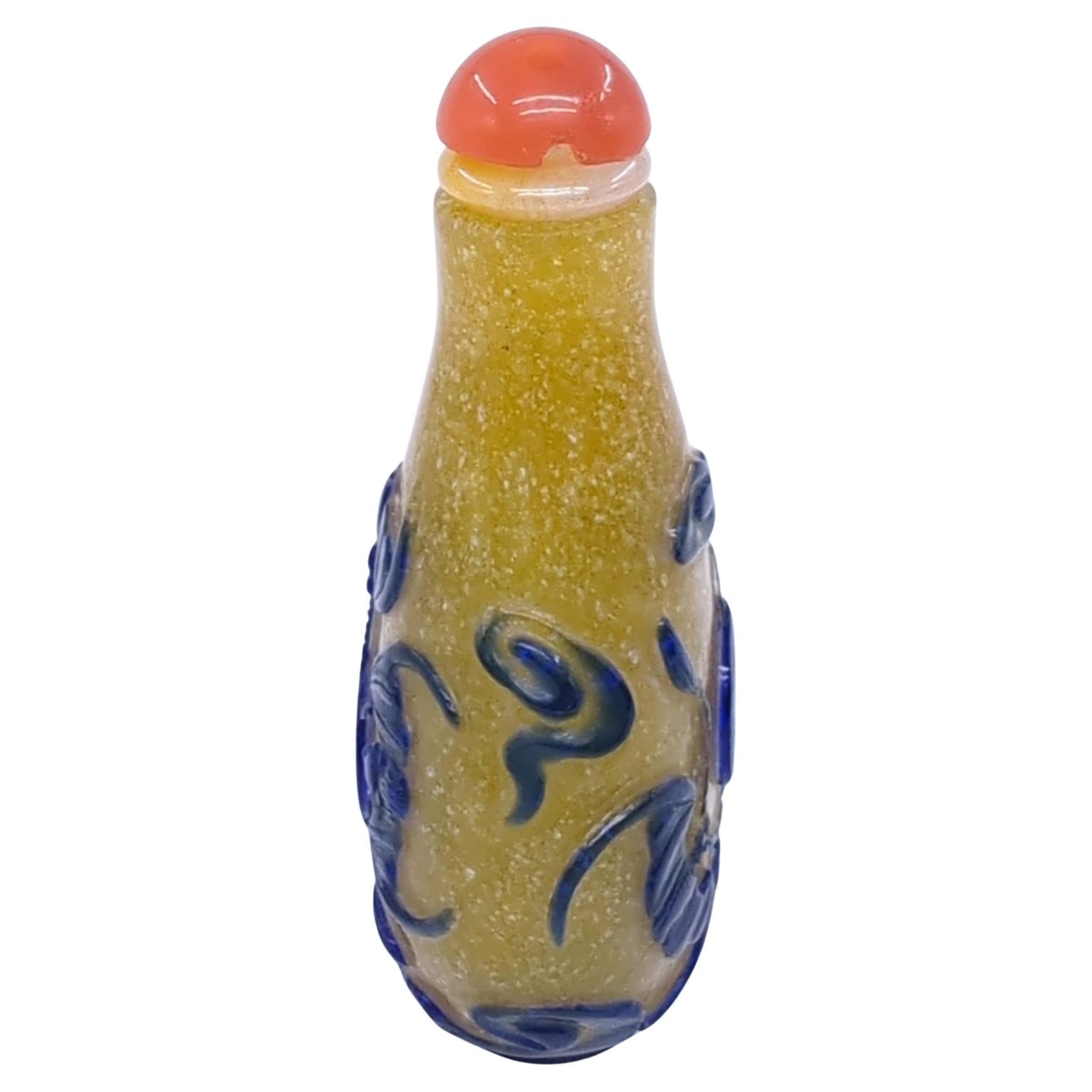 19th Century Antique Chinese Color Glass Overlay Snuff Bottle Bats Yellow Snowstorm Qing 19c For Sale