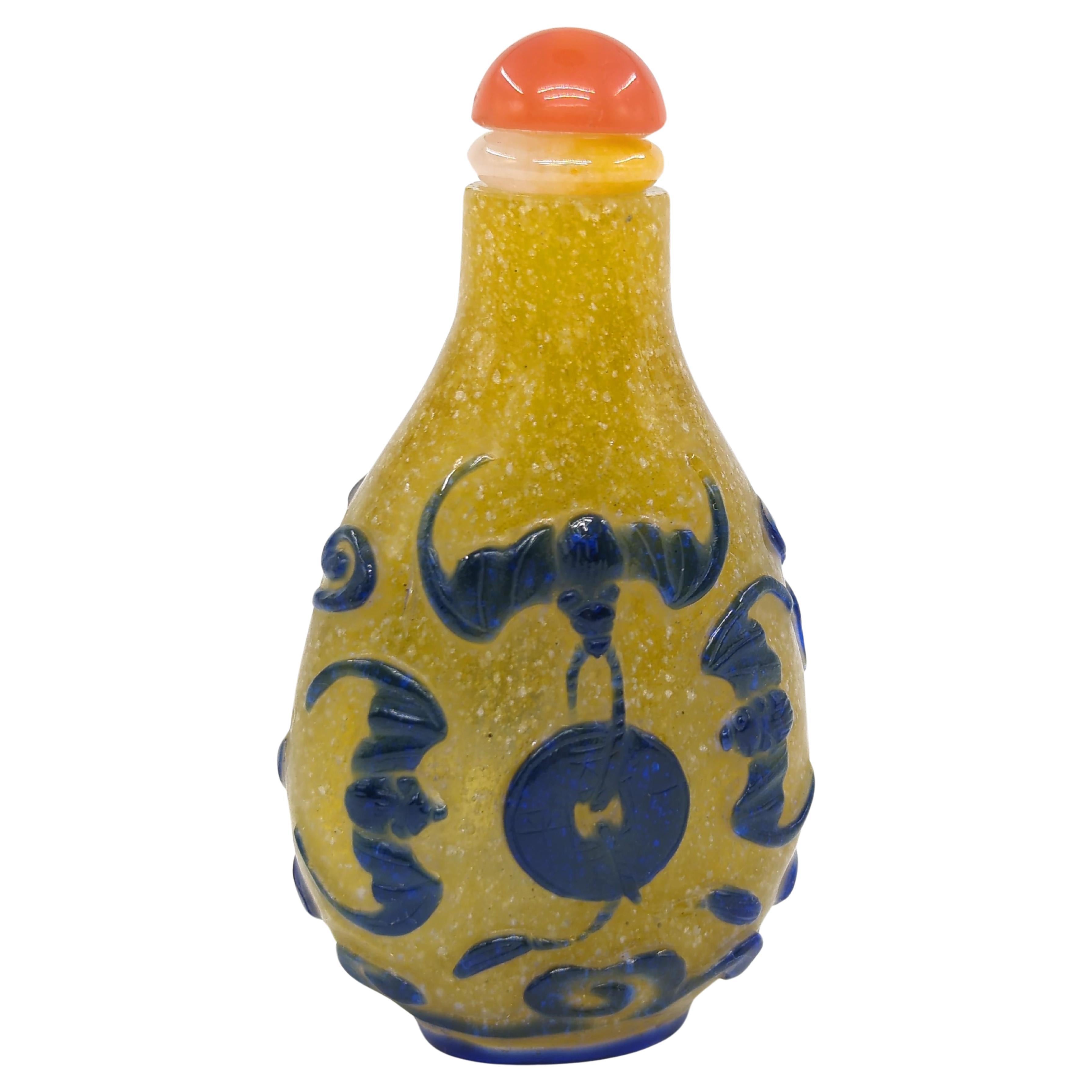 Antique Chinese Color Glass Overlay Snuff Bottle Bats Yellow Snowstorm Qing 19c For Sale 1