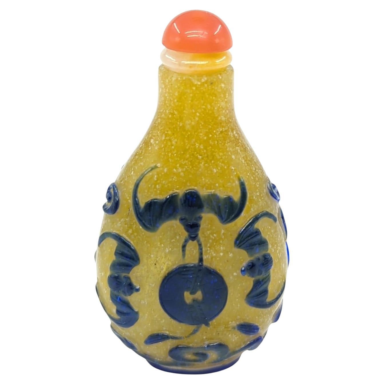 Antique Chinese Color Glass Overlay Snuff Bottle Bats Yellow Snowstorm Qing 19c For Sale