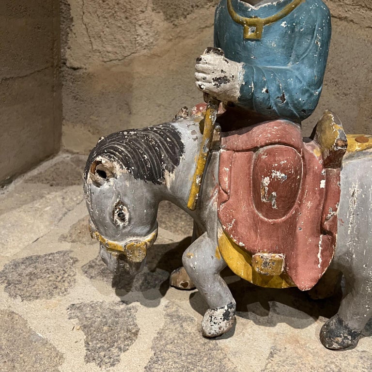 Antique Chinese Colorful Glazed Hand Carved Wood Horse with Rider For