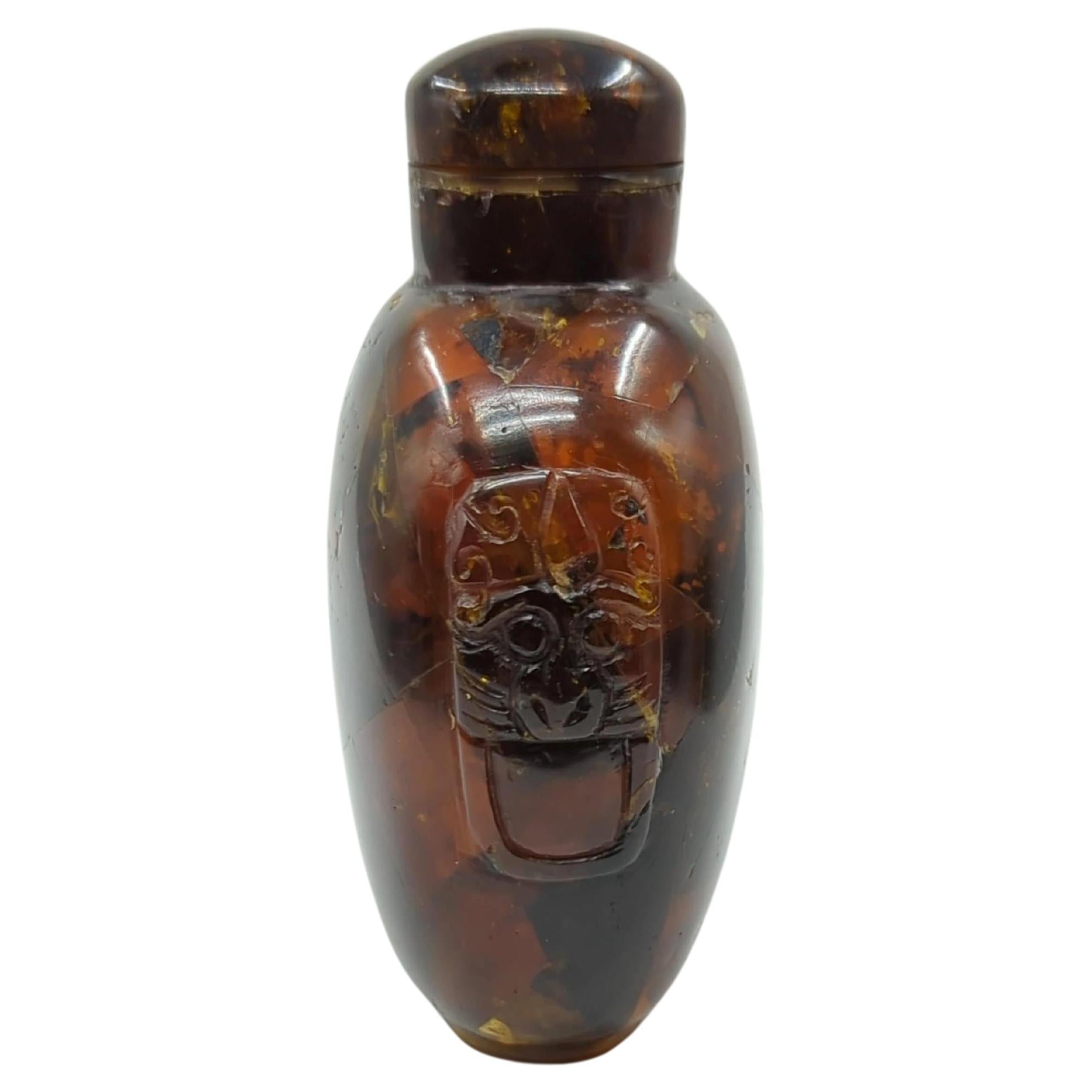 19th Century Antique Chinese Composite Amber Carved Beast Taotie Snuff Bottle Qing Late 19c For Sale