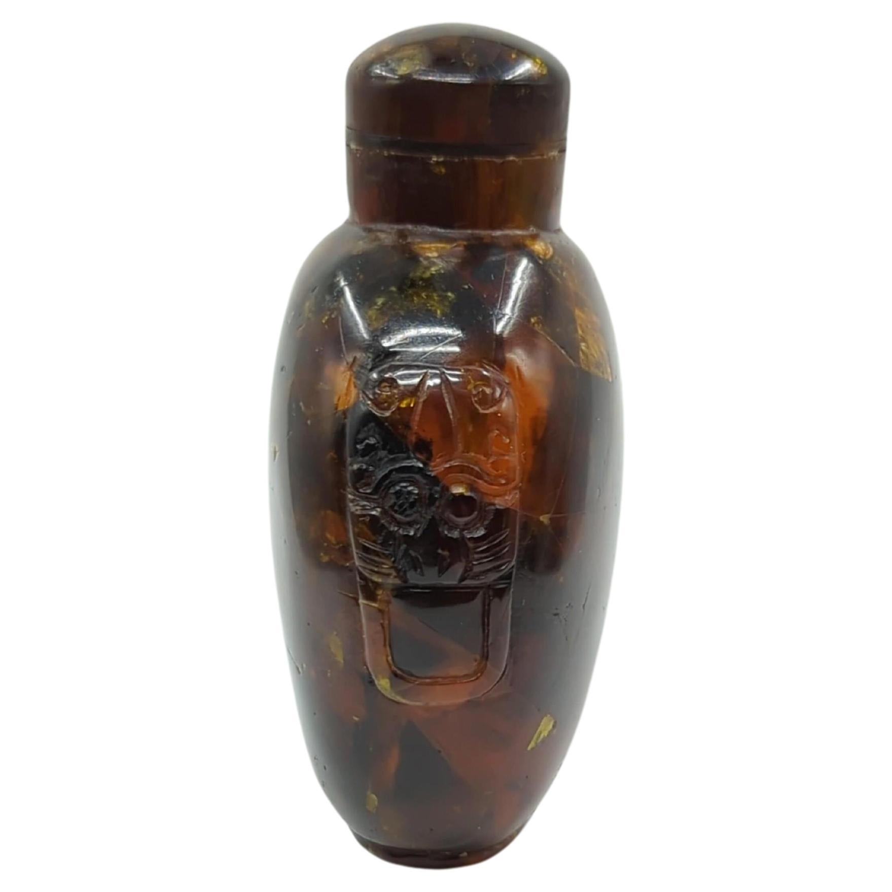 Organic Material Antique Chinese Composite Amber Carved Beast Taotie Snuff Bottle Qing Late 19c For Sale