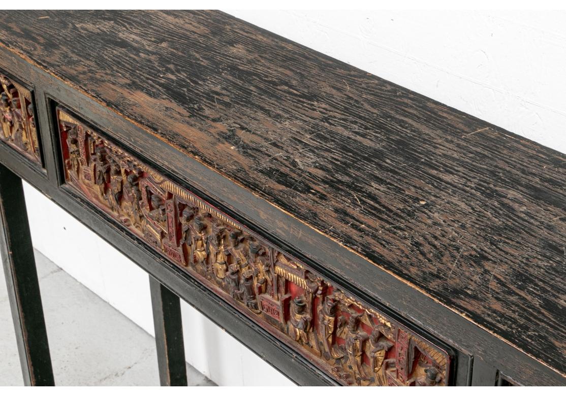 Qing Antique Chinese Console Table with Carved Figural Panels For Sale
