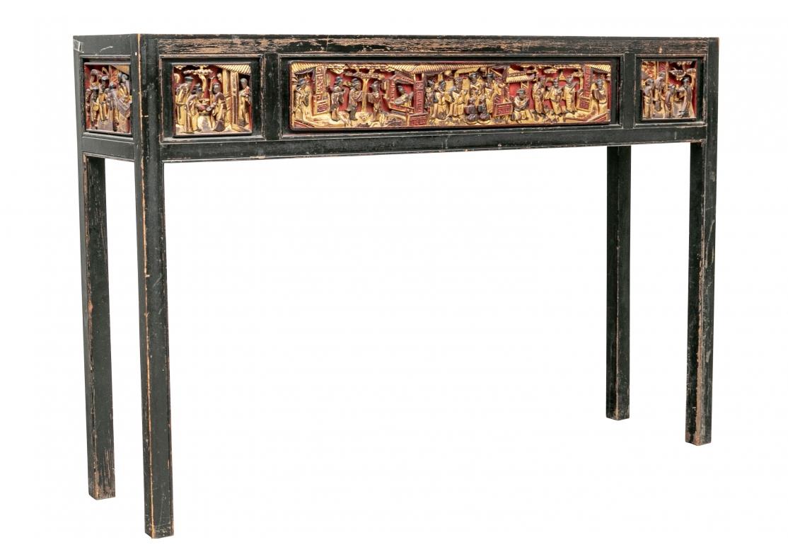 Antique Chinese Console Table with Carved Figural Panels In Distressed Condition For Sale In Bridgeport, CT