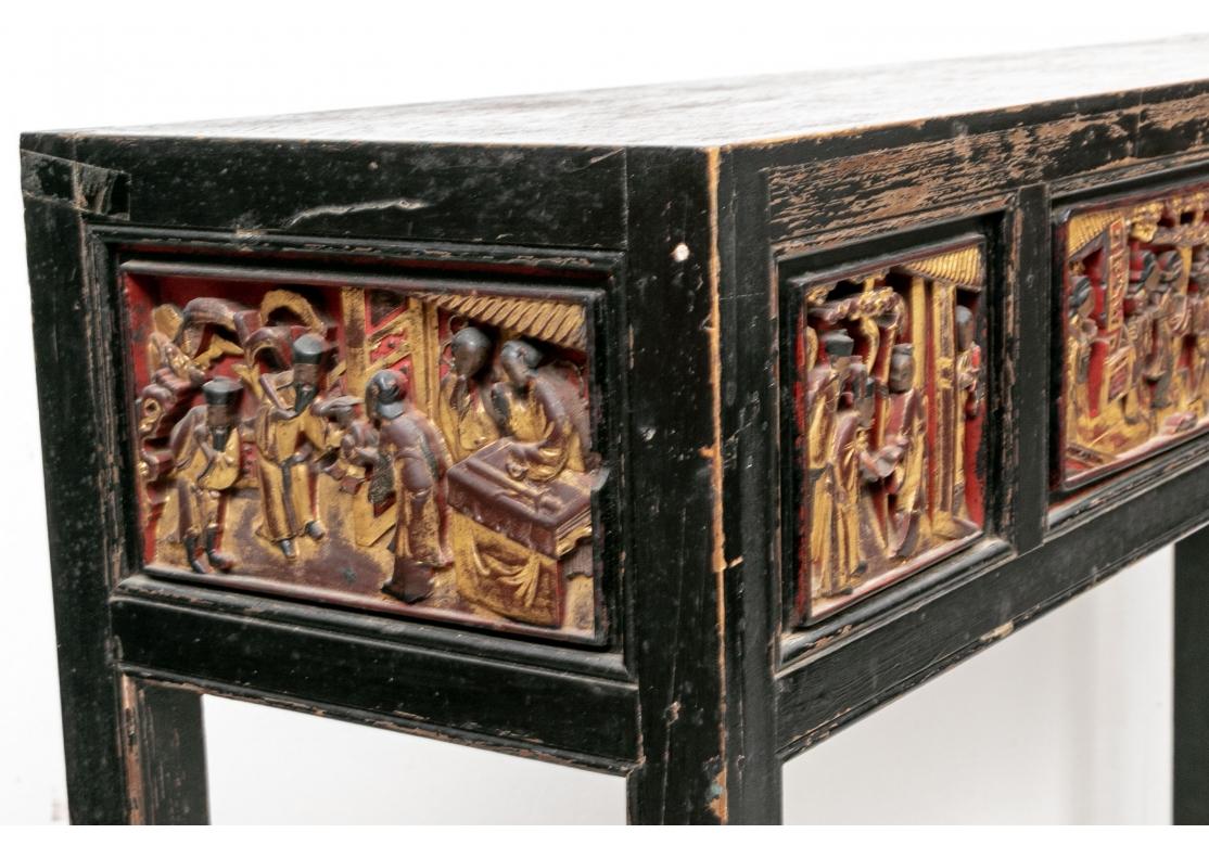 19th Century Antique Chinese Console Table with Carved Figural Panels For Sale