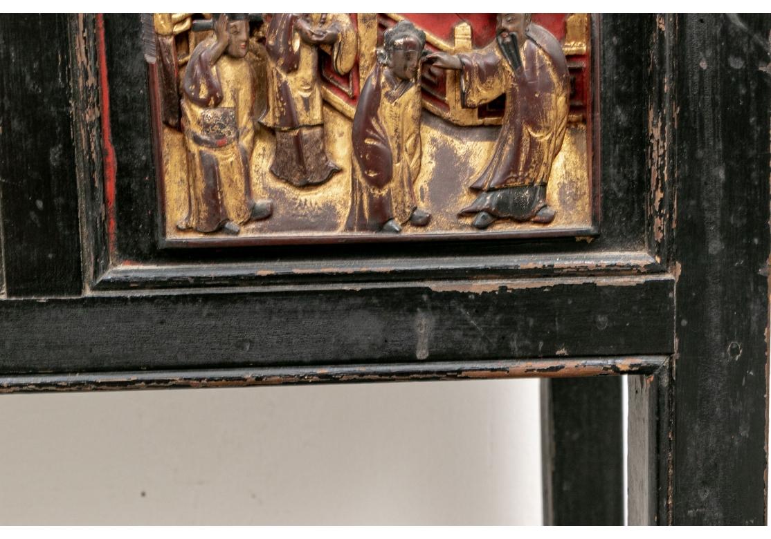 Wood Antique Chinese Console Table with Carved Figural Panels For Sale
