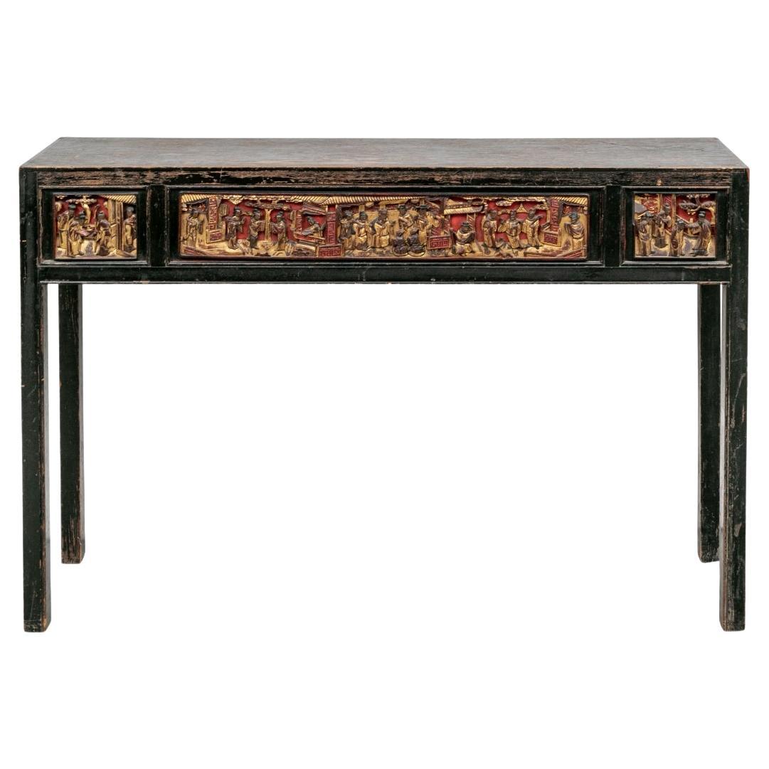 Antique Chinese Console Table with Carved Figural Panels For Sale