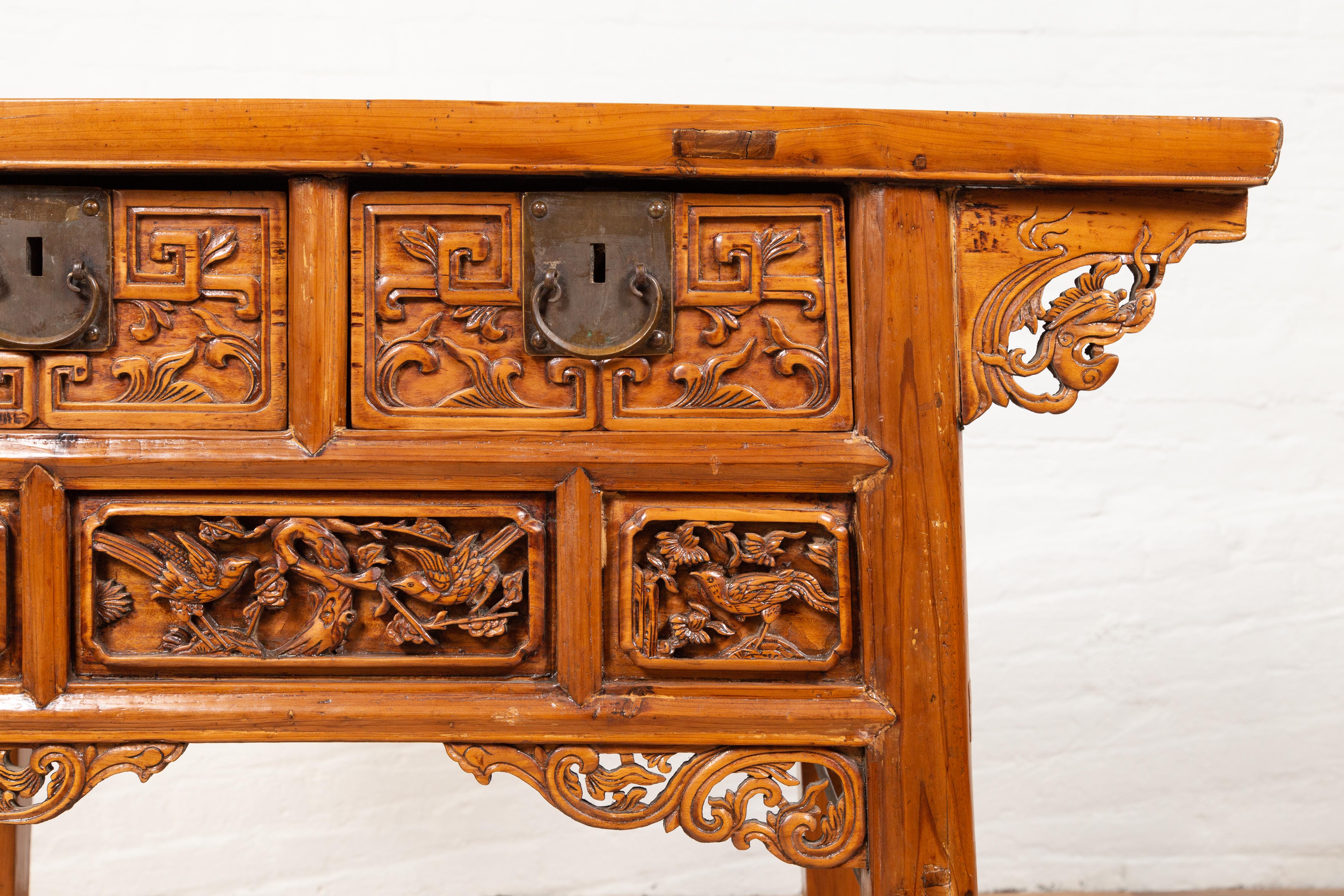 Antique Chinese Console Table with Hand Carved Décor of Birds and Flowers 5