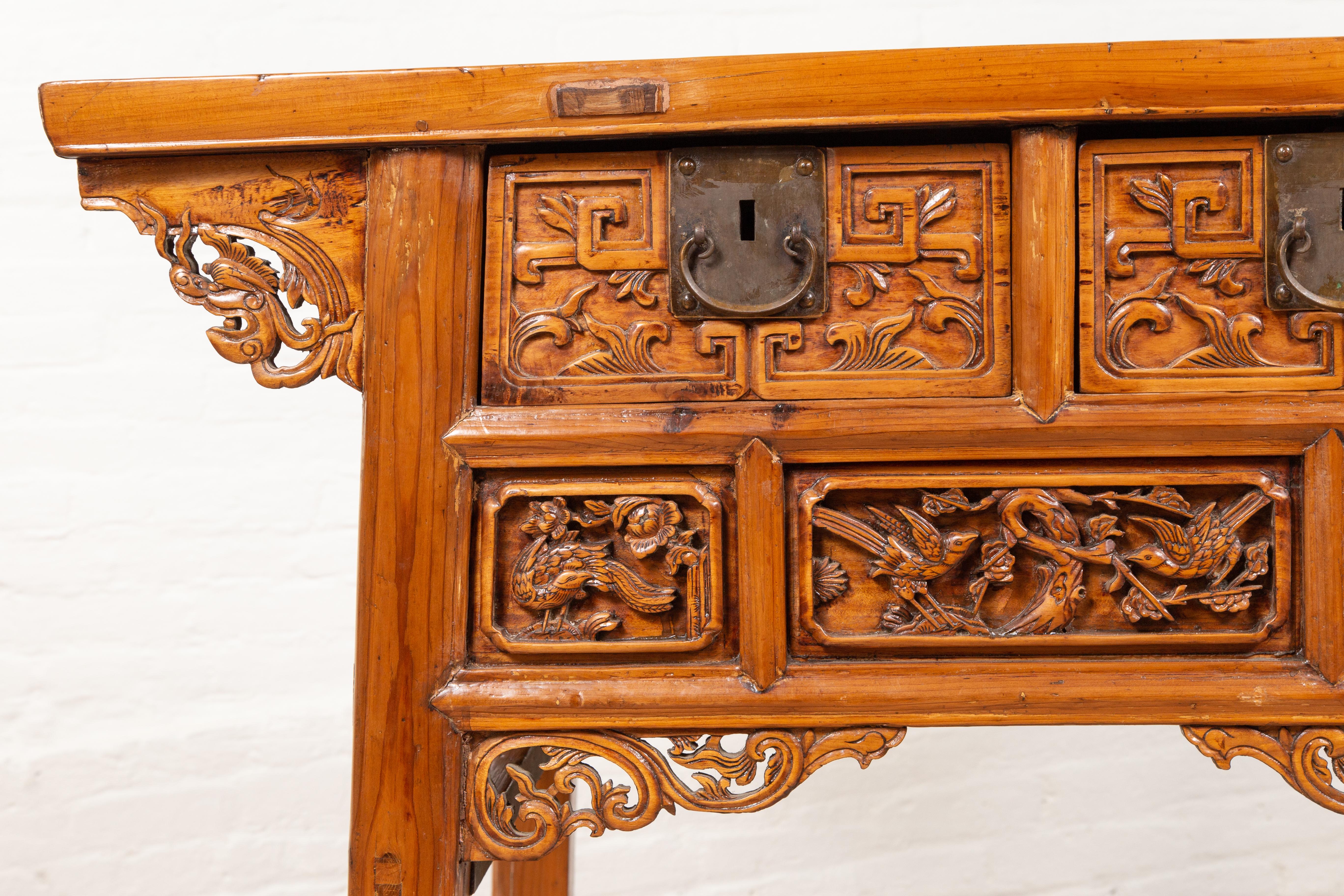 Antique Chinese Console Table with Hand Carved Décor of Birds and Flowers 6