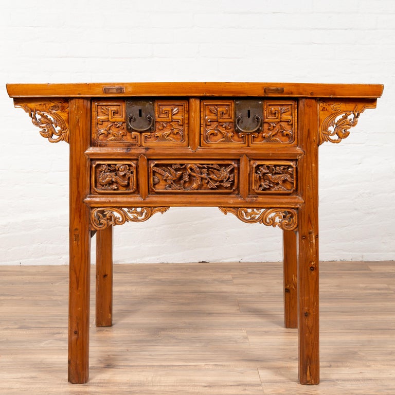 Antique Chinese Console Table with Hand Carved Décor of Birds and