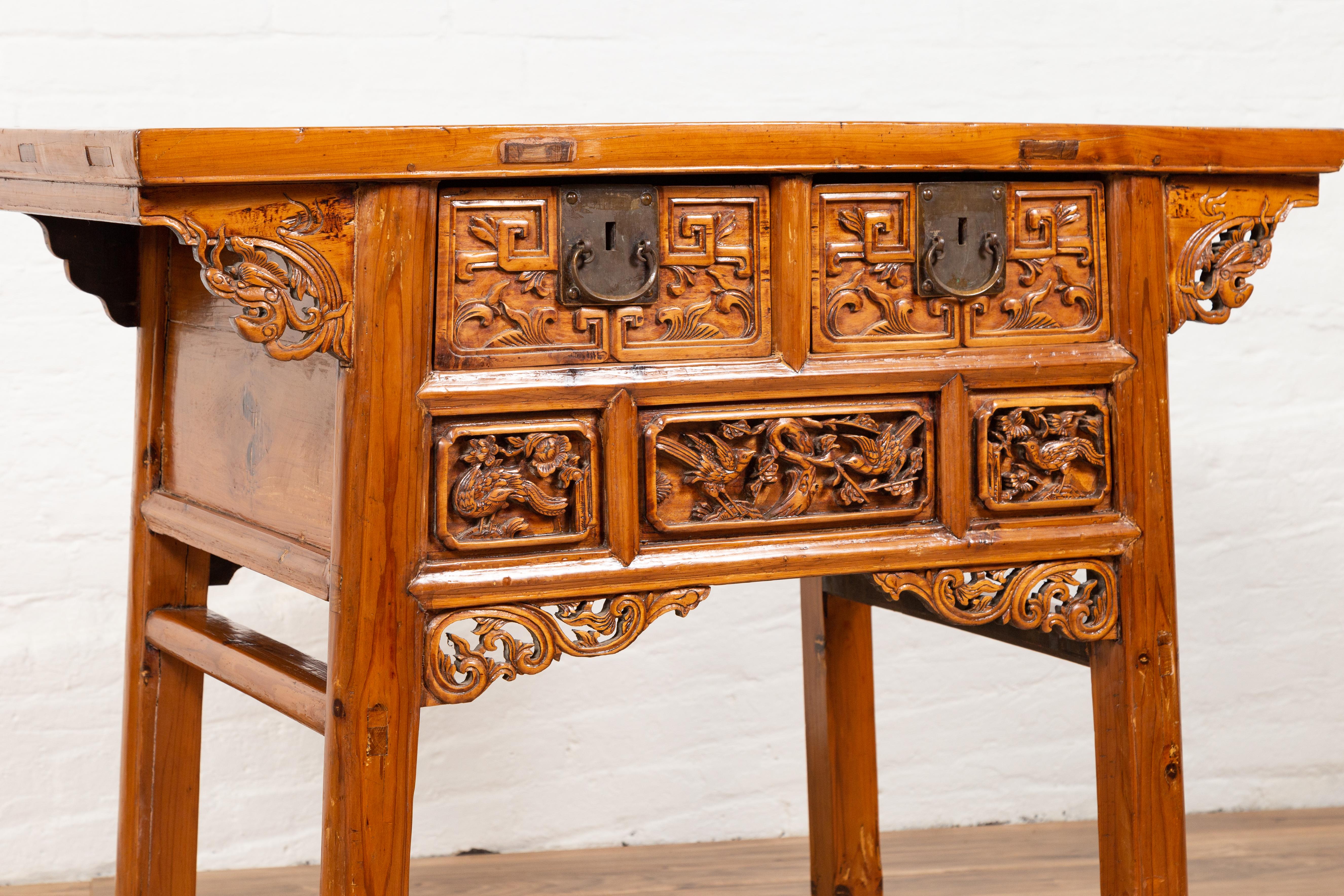 Hand-Carved Antique Chinese Console Table with Hand Carved Décor of Birds and Flowers