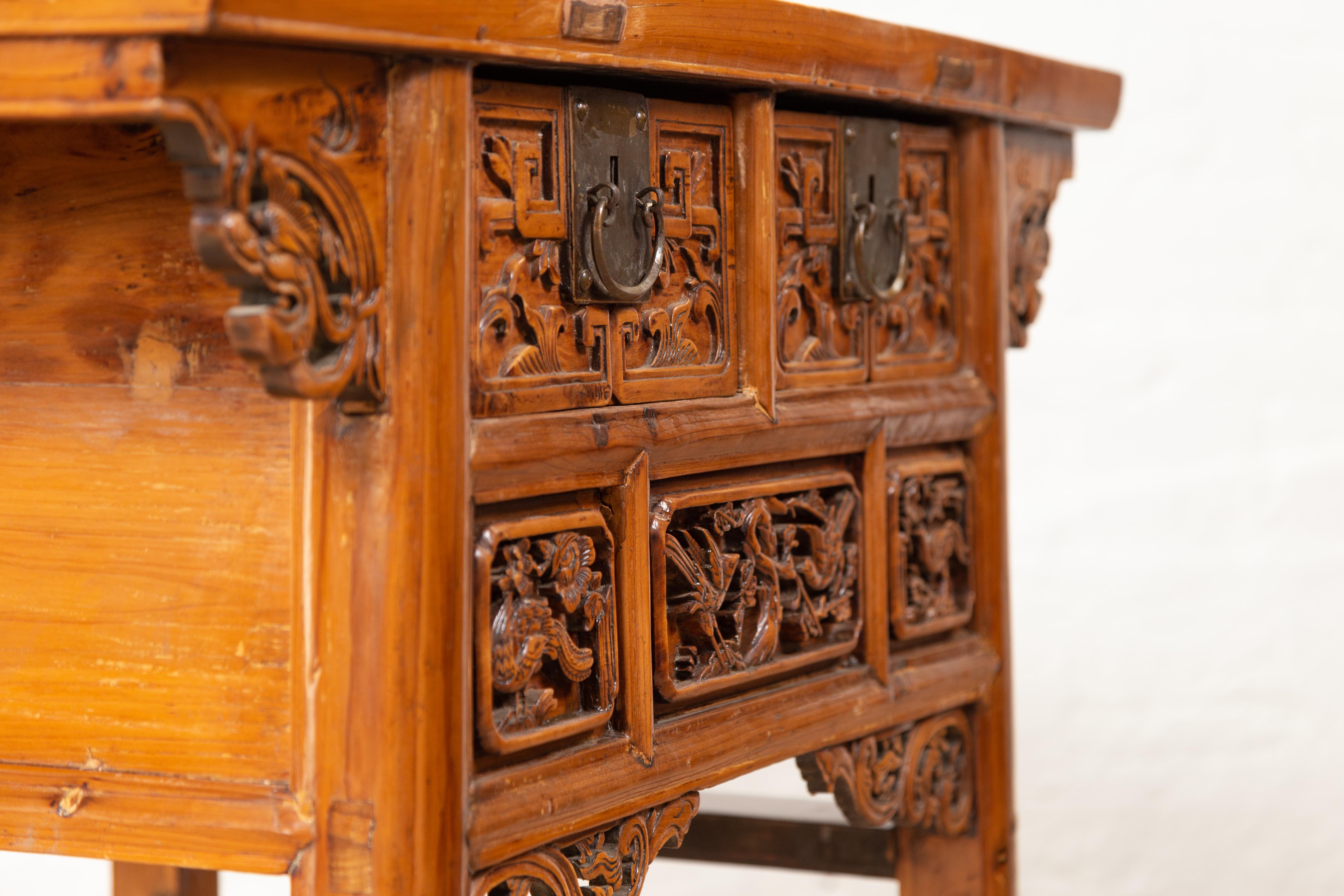19th Century Antique Chinese Console Table with Hand Carved Décor of Birds and Flowers