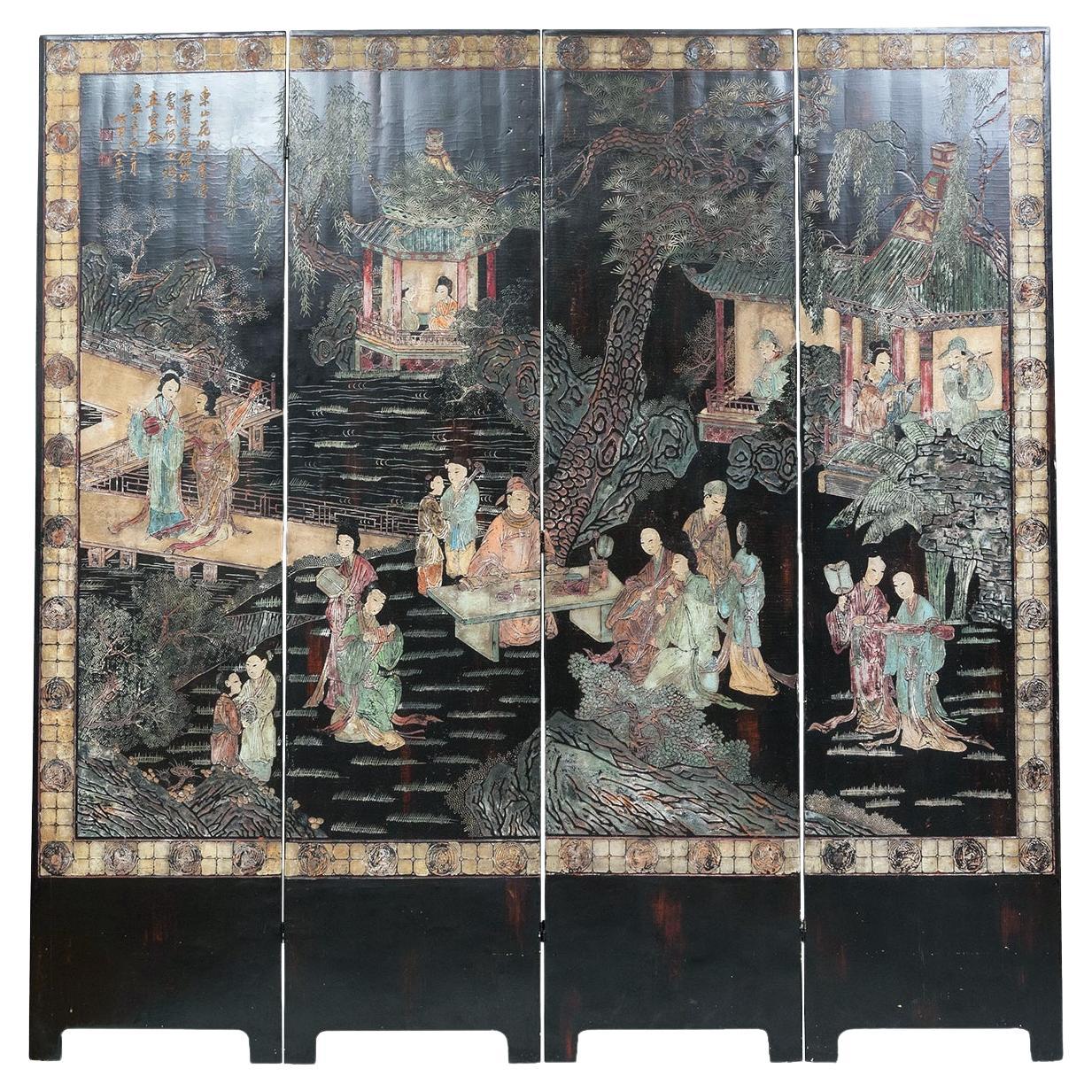 Antique Chinese Coromandel Four Panel Screen