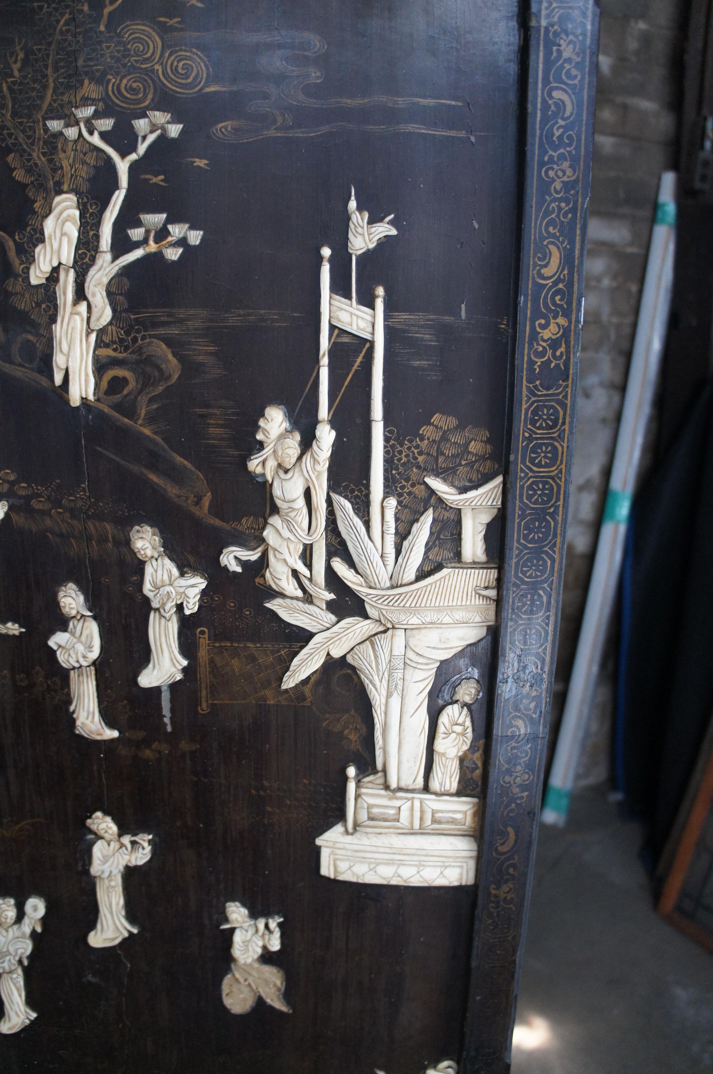 Écran pliant chinois ancien en laque noire ivoire peinte et sculptée de Coromandel en vente 4