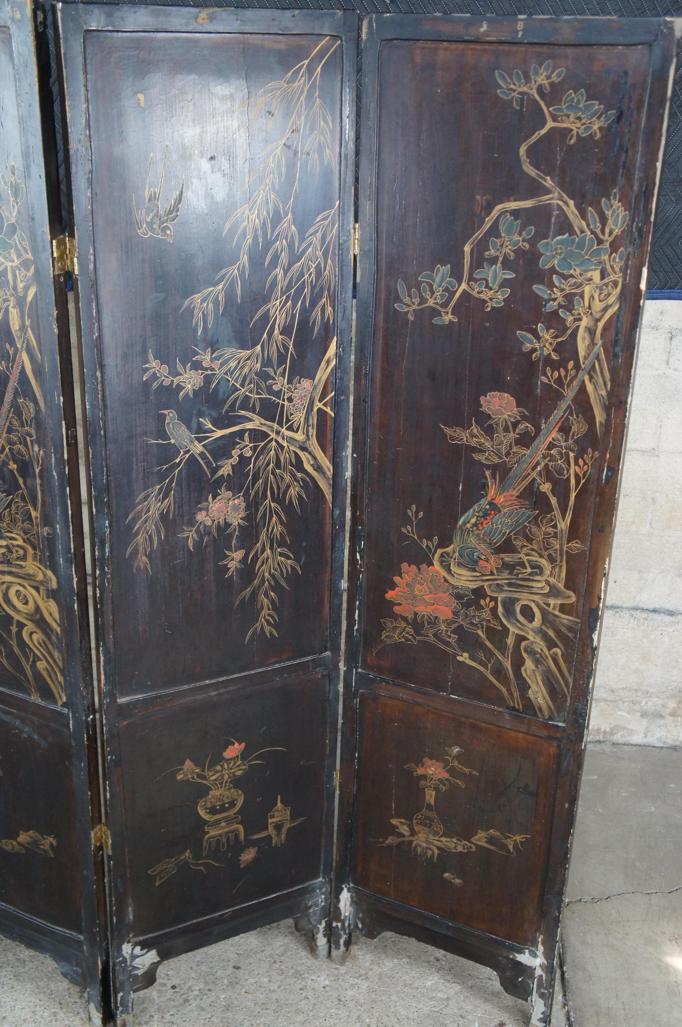 Antique Chinese Coromandel Painted & Carved Bovine Black Lacquer Folding Screen For Sale 5