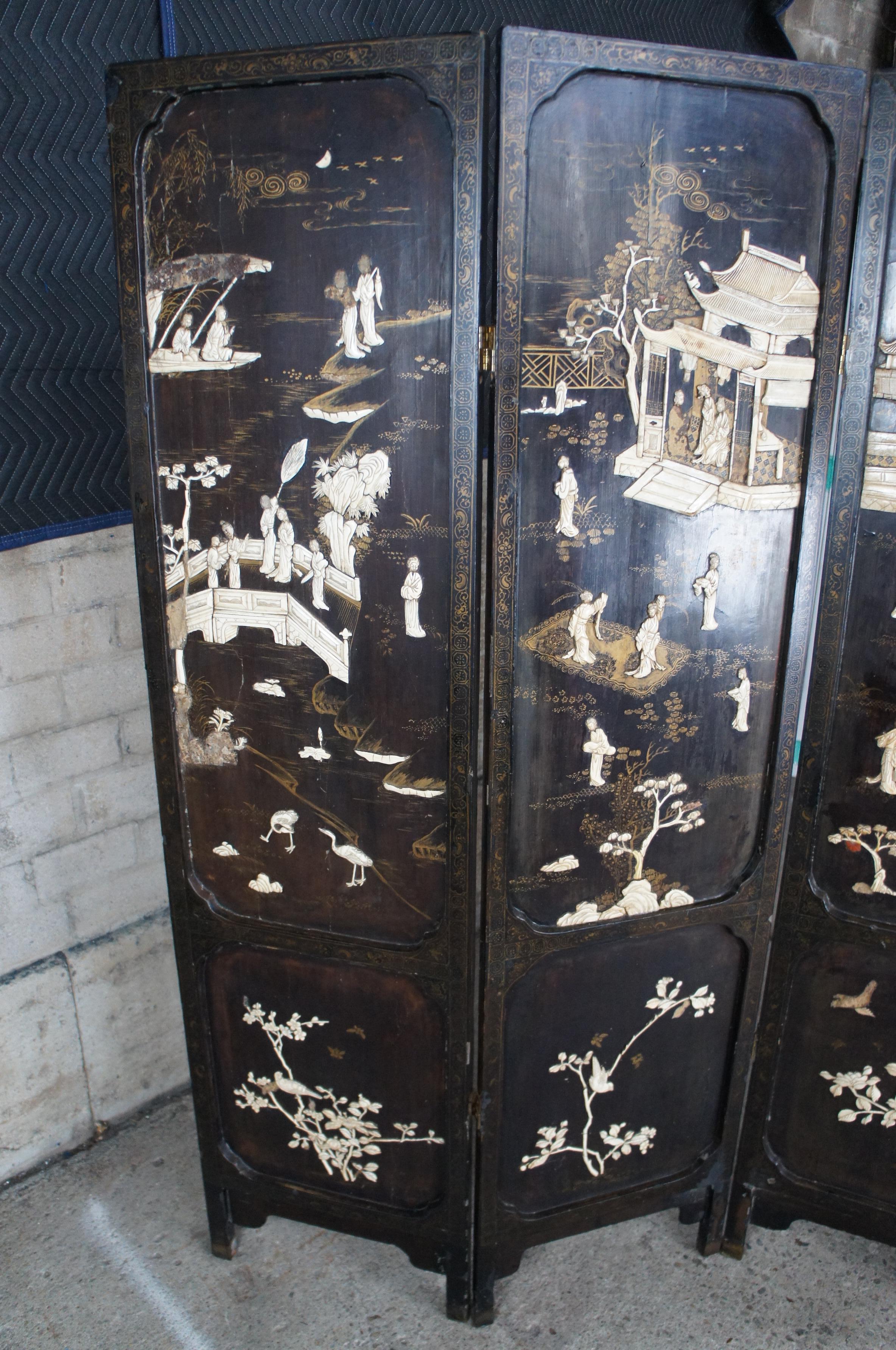 Chinoiserie Antique Chinese Coromandel Painted & Carved Bovine Black Lacquer Folding Screen For Sale