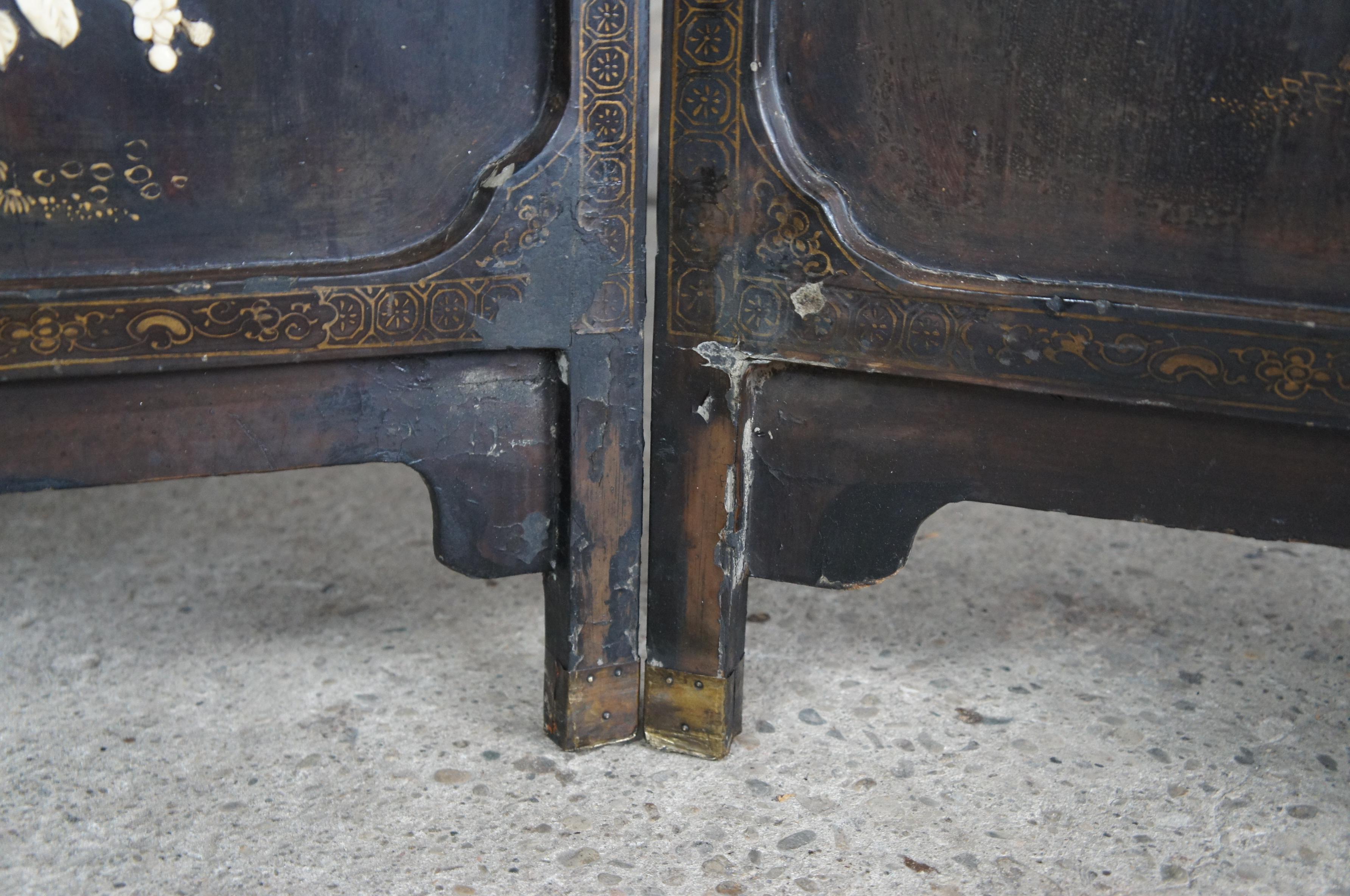 Antiker chinesischer Coromandel-Raumteiler mit schwarzem Bovine-Lack, bemalt und geschnitzt im Angebot 1