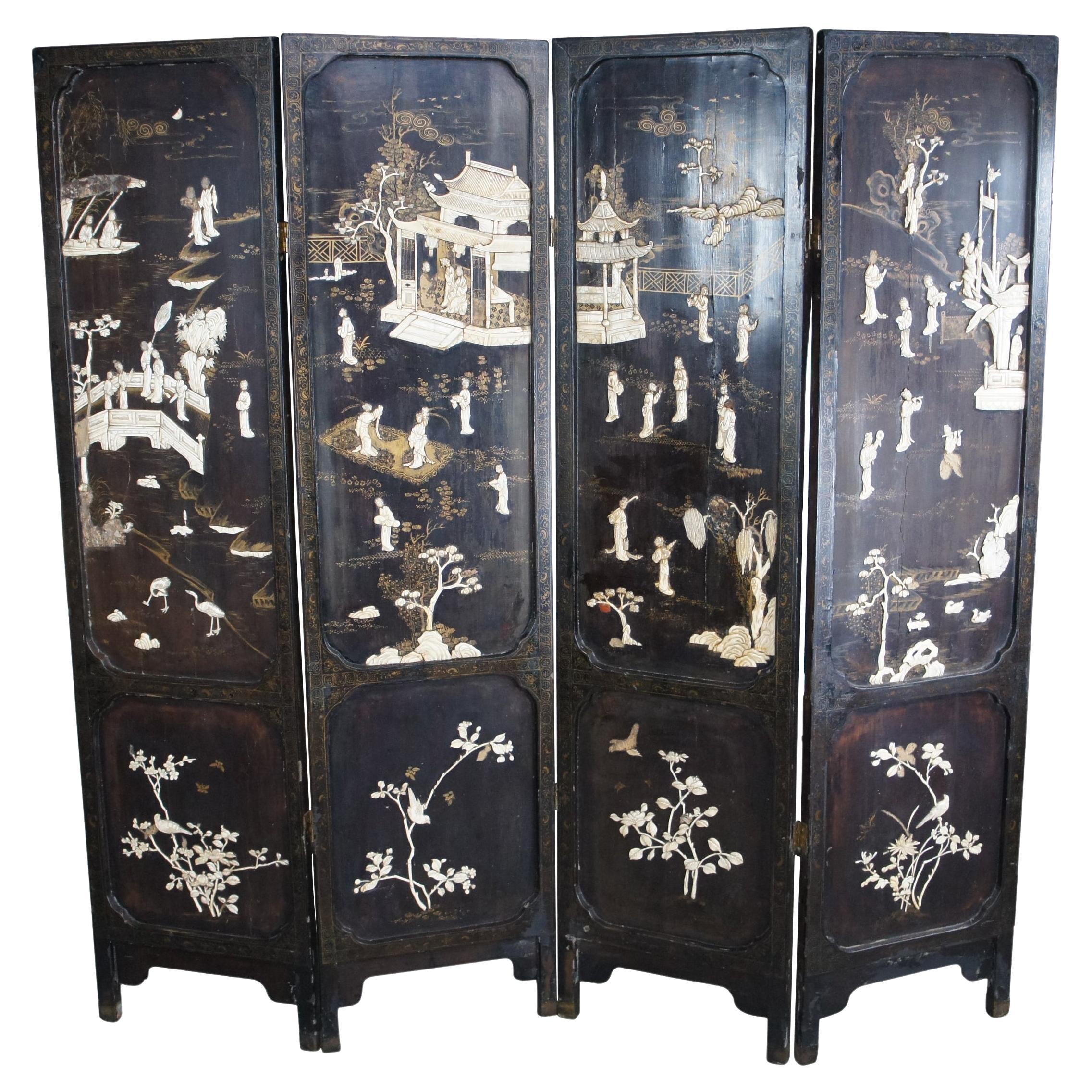 Antique Chinese Coromandel Painted & Carved Bovine Black Lacquer Folding Screen For Sale