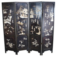 Antique Chinese Coromandel Painted & Carved Bovine Black Lacquer Folding Screen