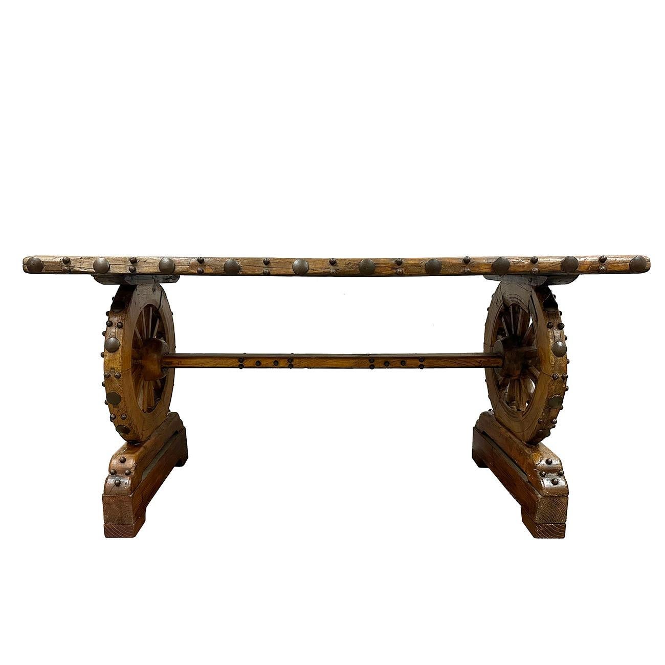 Antique Chinese Country Rusty Style Wagon Wheel Dining Table For Sale 3