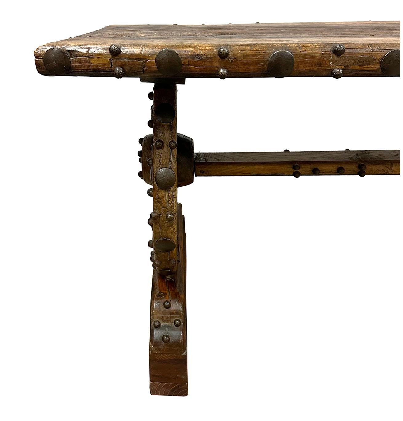 Chinese Export Antique Chinese Country Rusty Style Wagon Wheel Dining Table For Sale