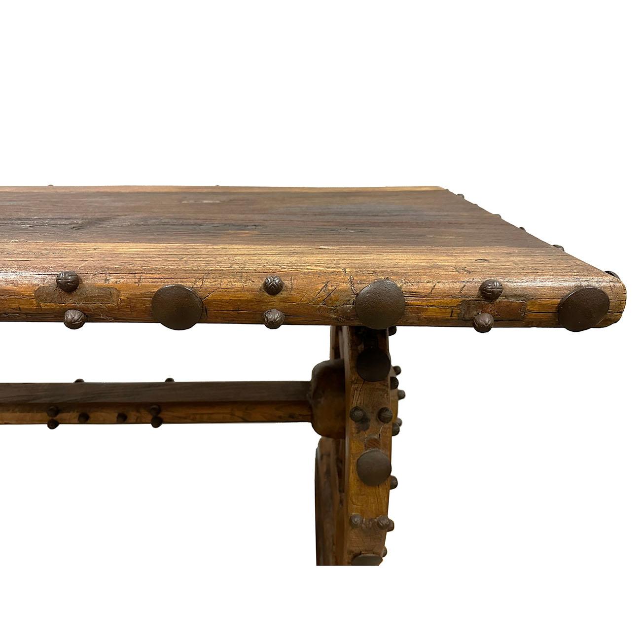 Hand-Crafted Antique Chinese Country Rusty Style Wagon Wheel Dining Table For Sale