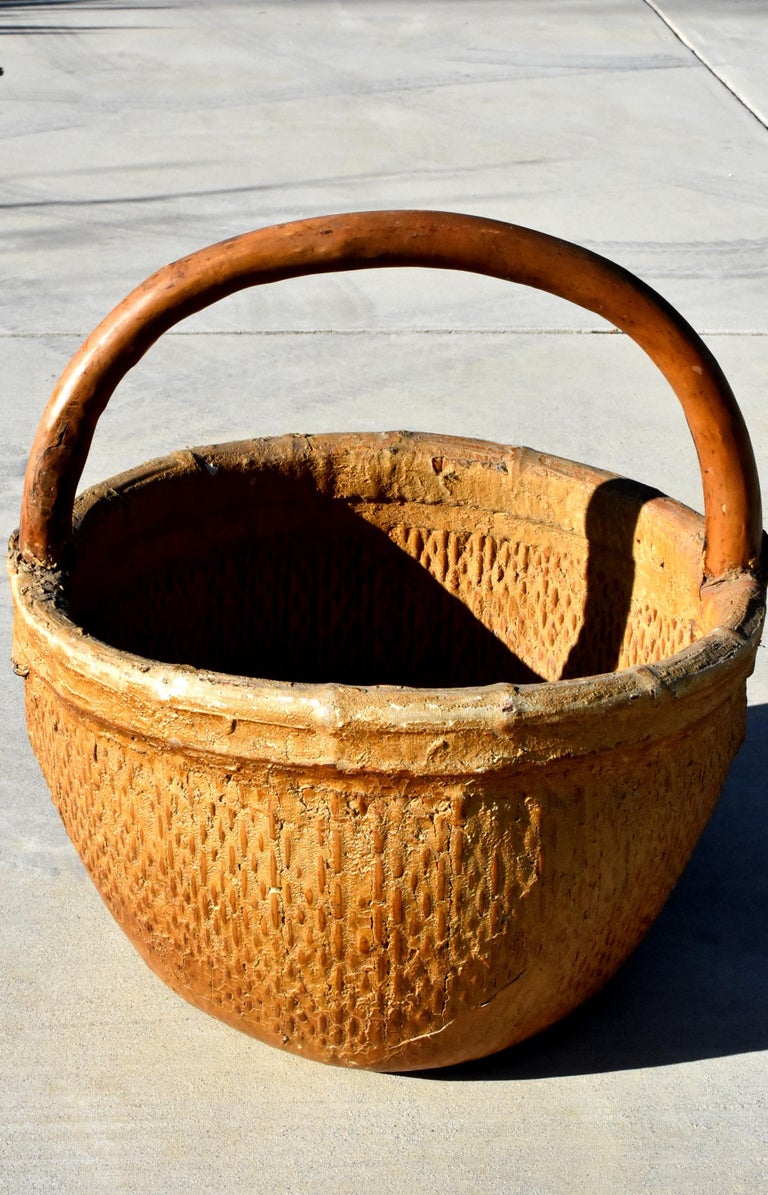 Antique Chinese Country Willow Basket, with Tree Branch Handle and Iron