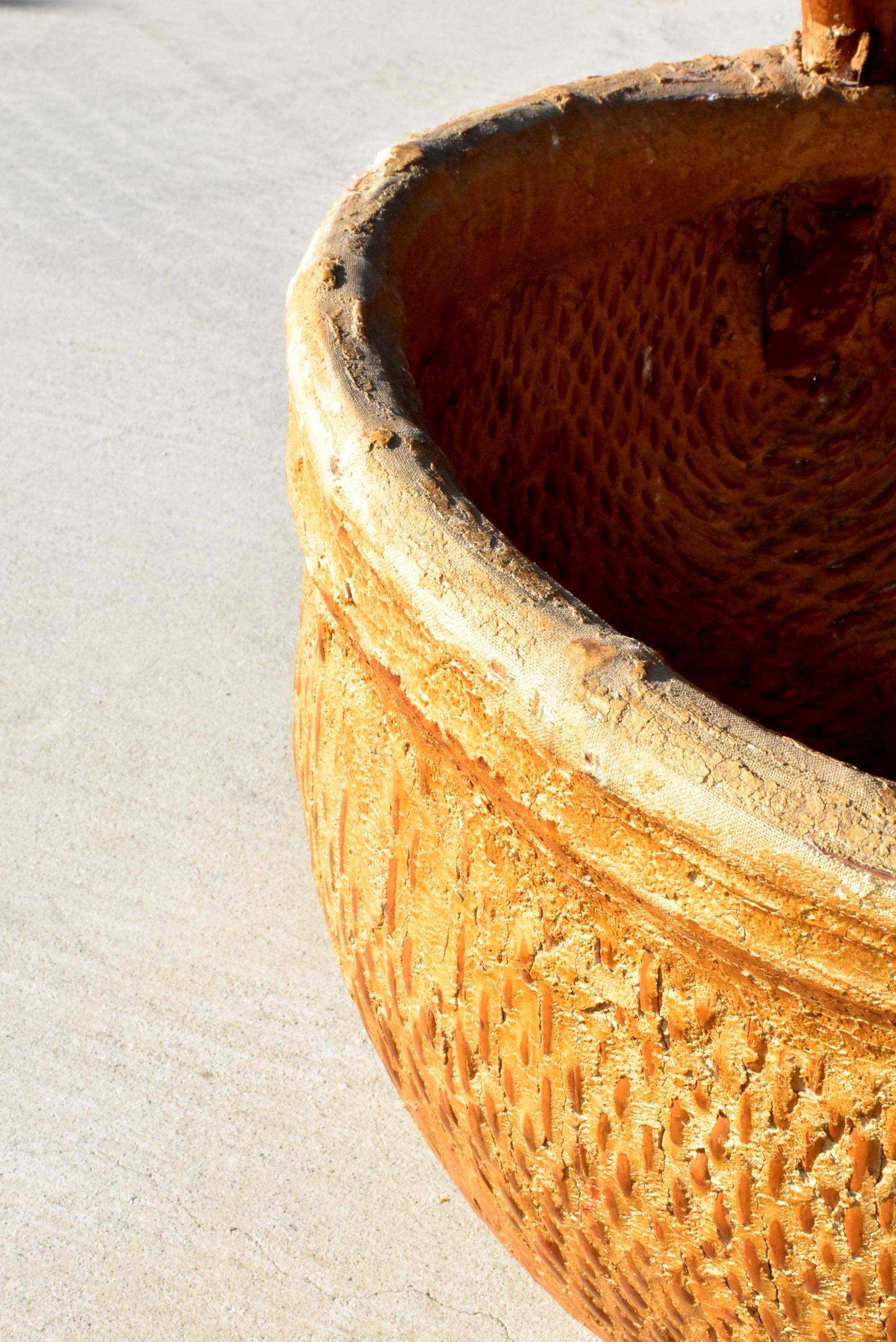 20th Century Antique Chinese Country Willow Basket, with Tree Branch Handle and Iron Brackets For Sale