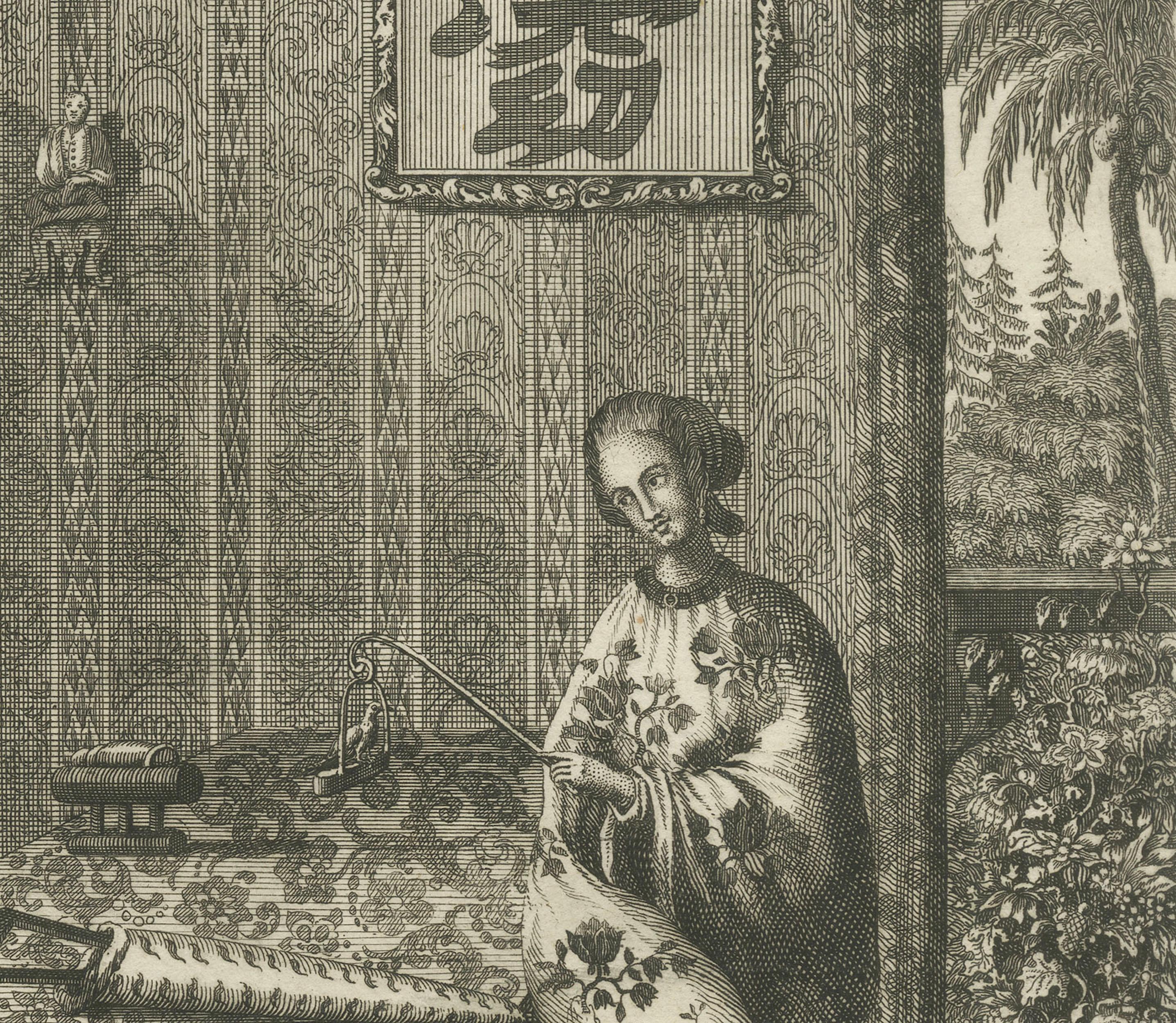 Antique Chinese Court Costume Engraving — Emperor & Palace Ladies, ca.1720