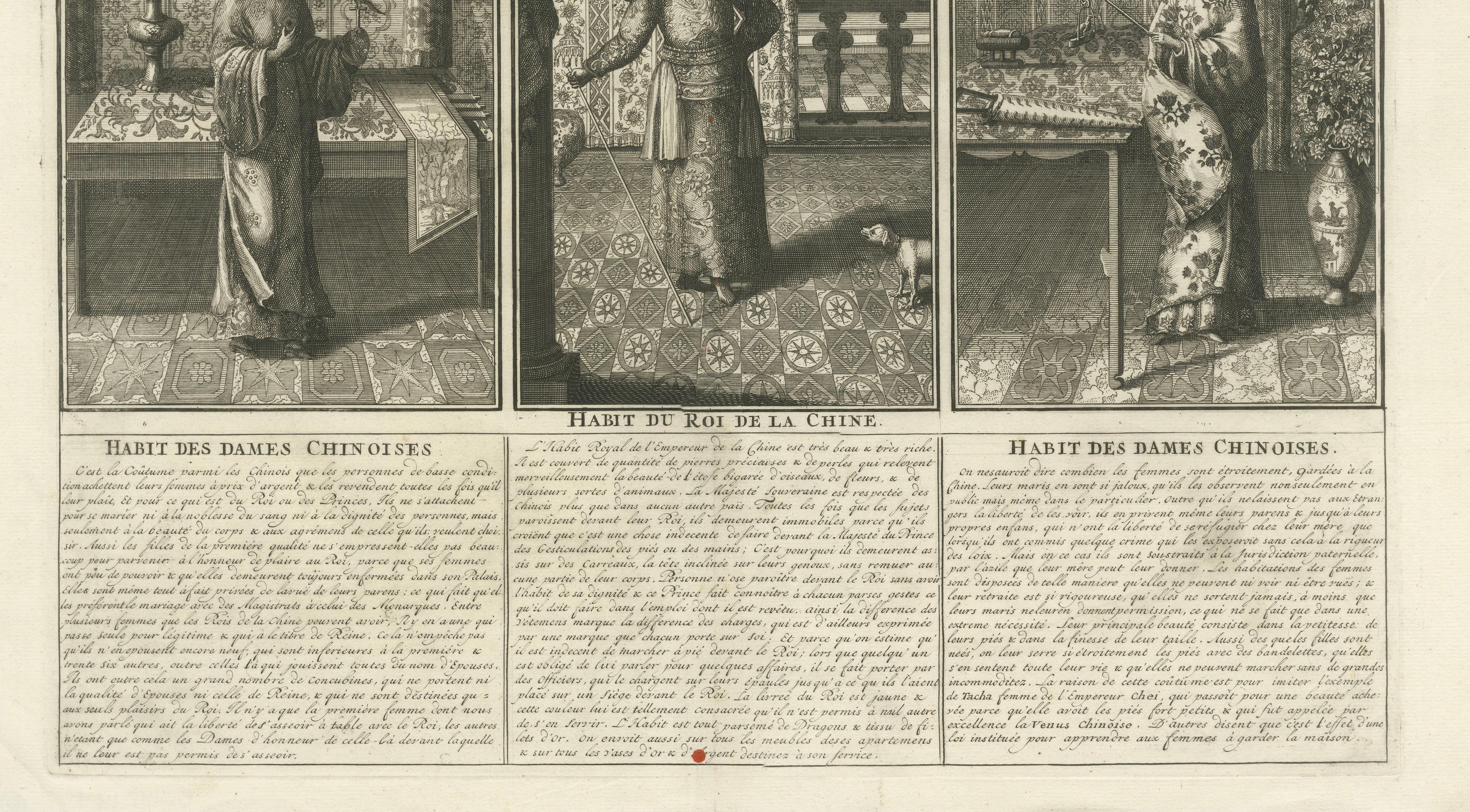Antique Chinese Court Costume Engraving — Emperor & Palace Ladies, ca.1720