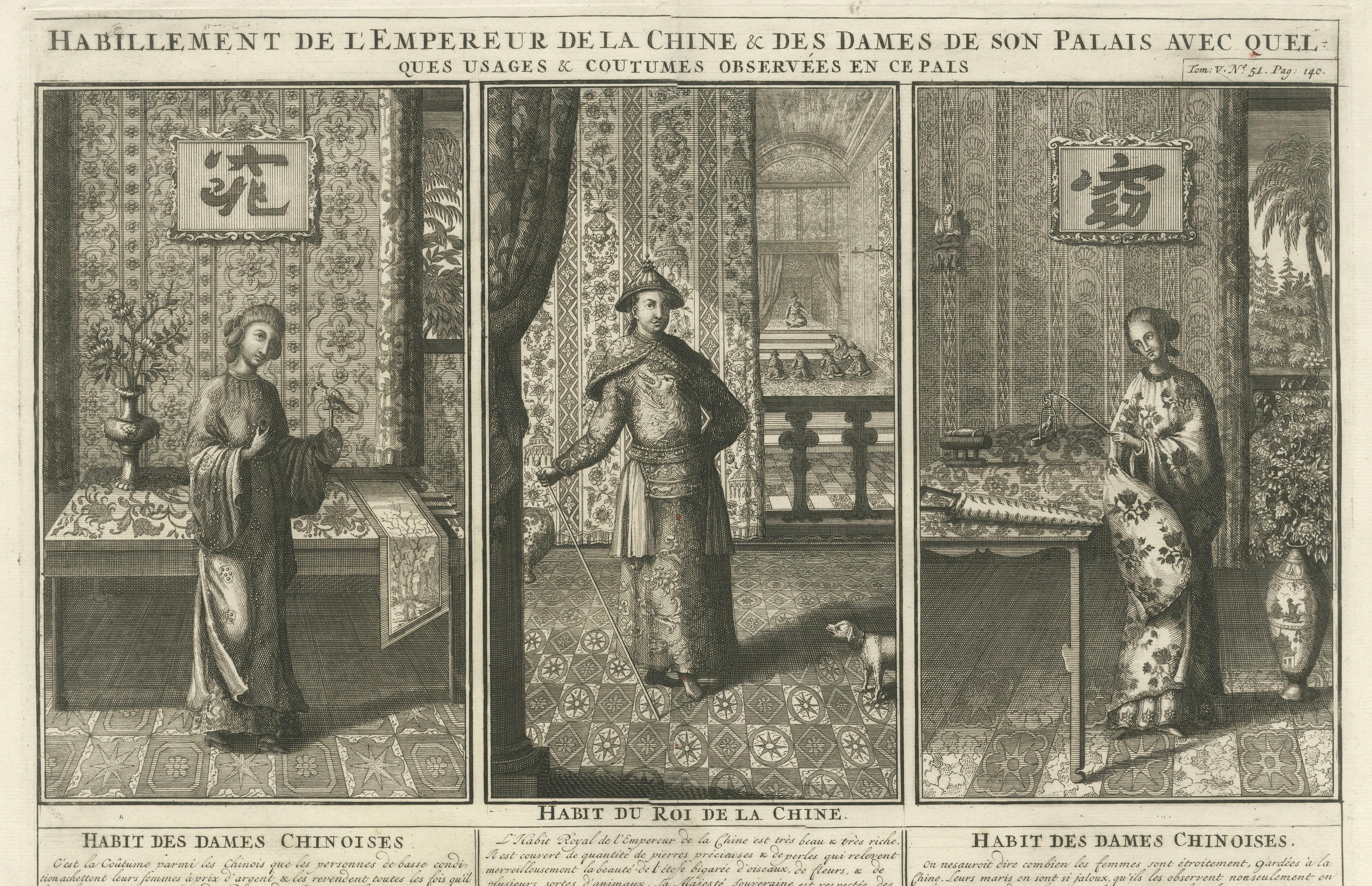 Antique Chinese Court Costume Engraving — Emperor & Palace Ladies, ca.1720