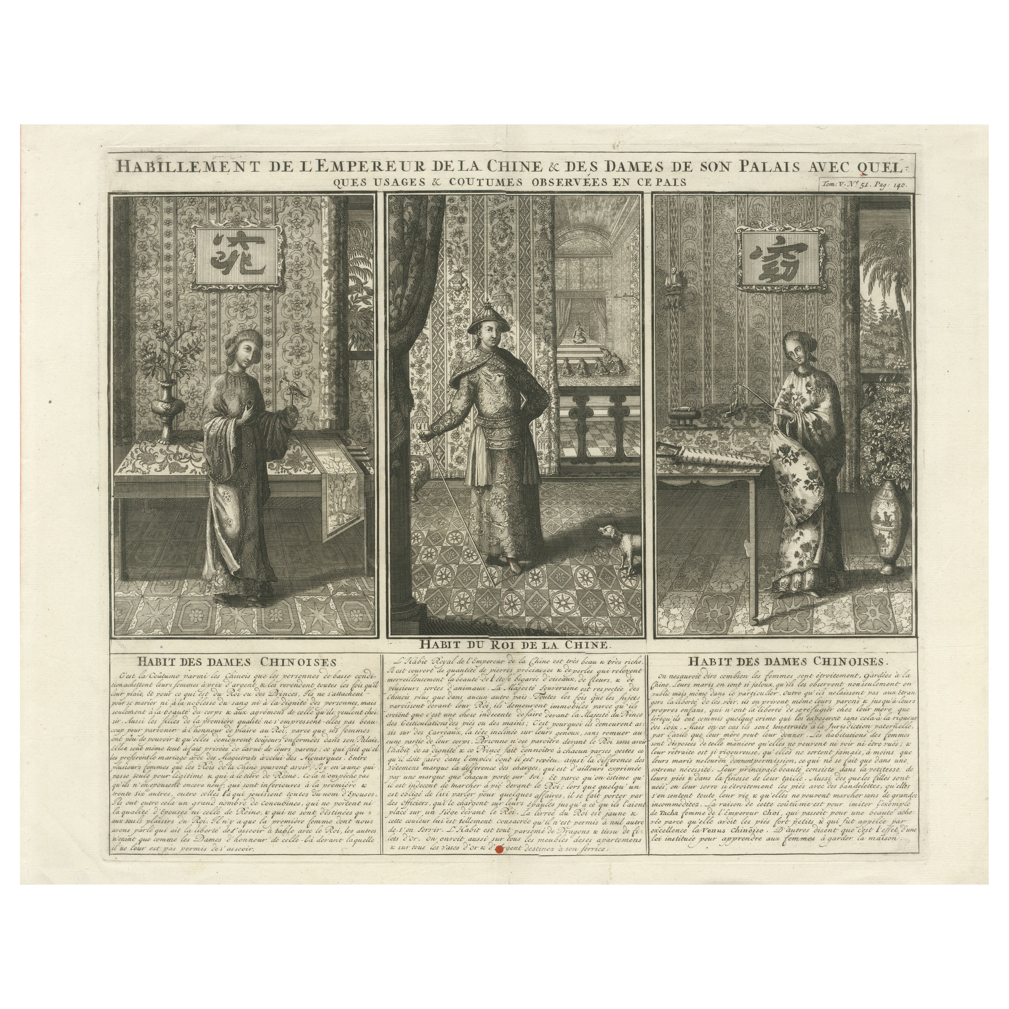 Antique Chinese Court Costume Engraving — Emperor & Palace Ladies, ca.1720