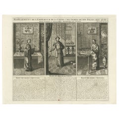 Antique Chinese Court Costume Engraving — Emperor & Palace Ladies, ca.1720