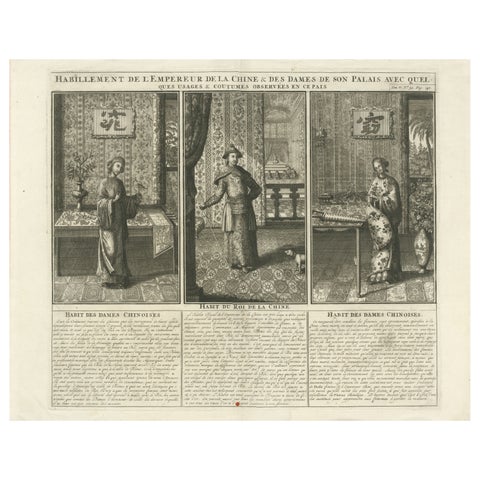 Antique Chinese Court Costume Engraving, Emperor & Palace Ladies, ca.1720